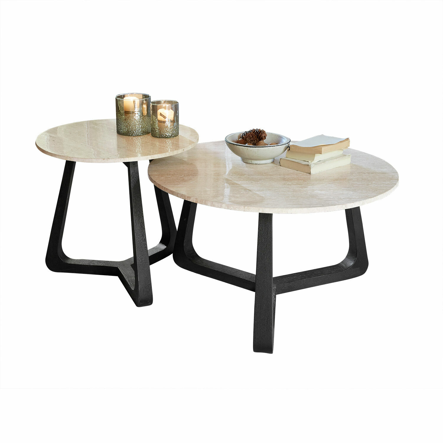 Lot de 2 tables basses Tressane Ensemble de deux tables basses rondes avec plateau en marbre clair et pieds en métal noir