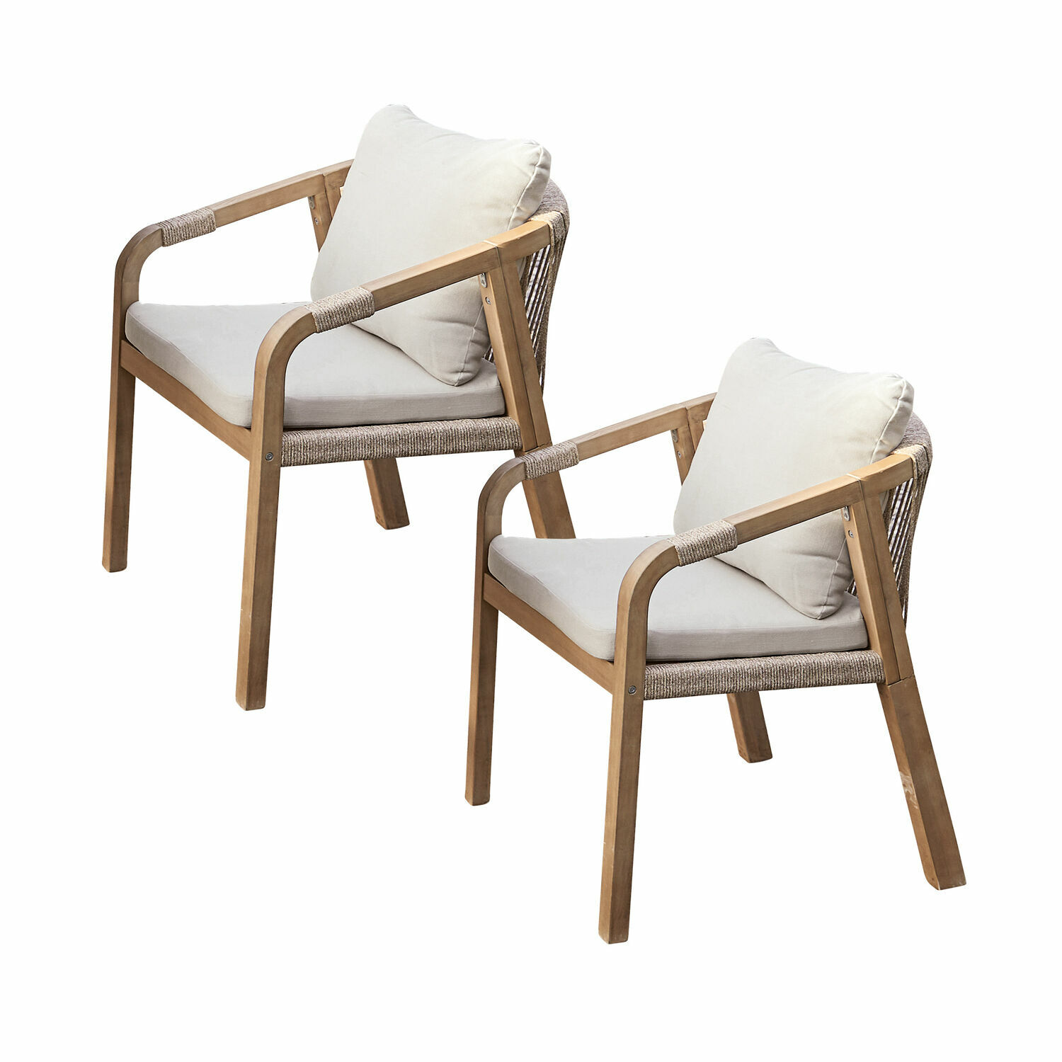 marron/crème Ensemble de deux chaises Kennedy en bois FSC, cadre marron et coussins crème, mobilier confortable pour salon