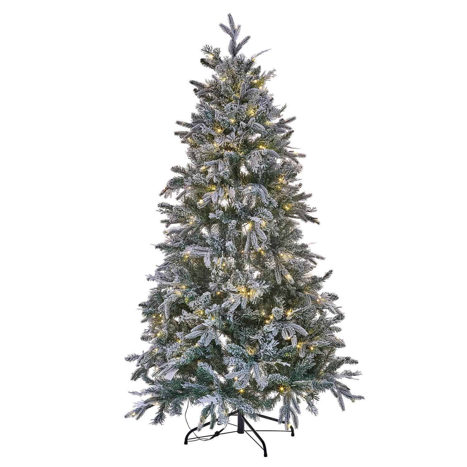 Sapin de Noël Cadelise Sapin artificiel avec branches enneigées et lumières LED chaudes sur pied métallique