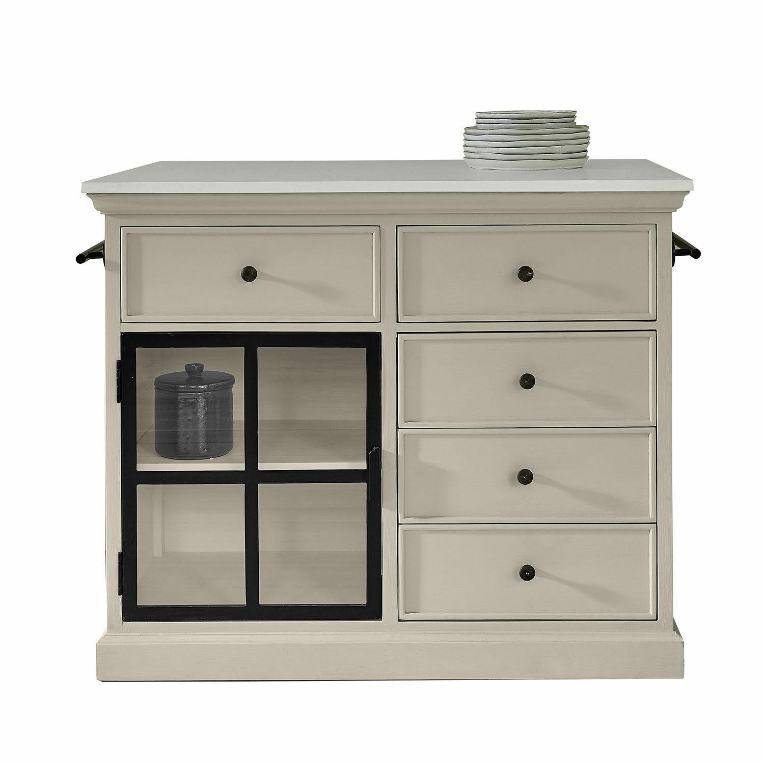 Buffet en bois beige avec tiroirs et porte vitrée pour rangement dans le salon