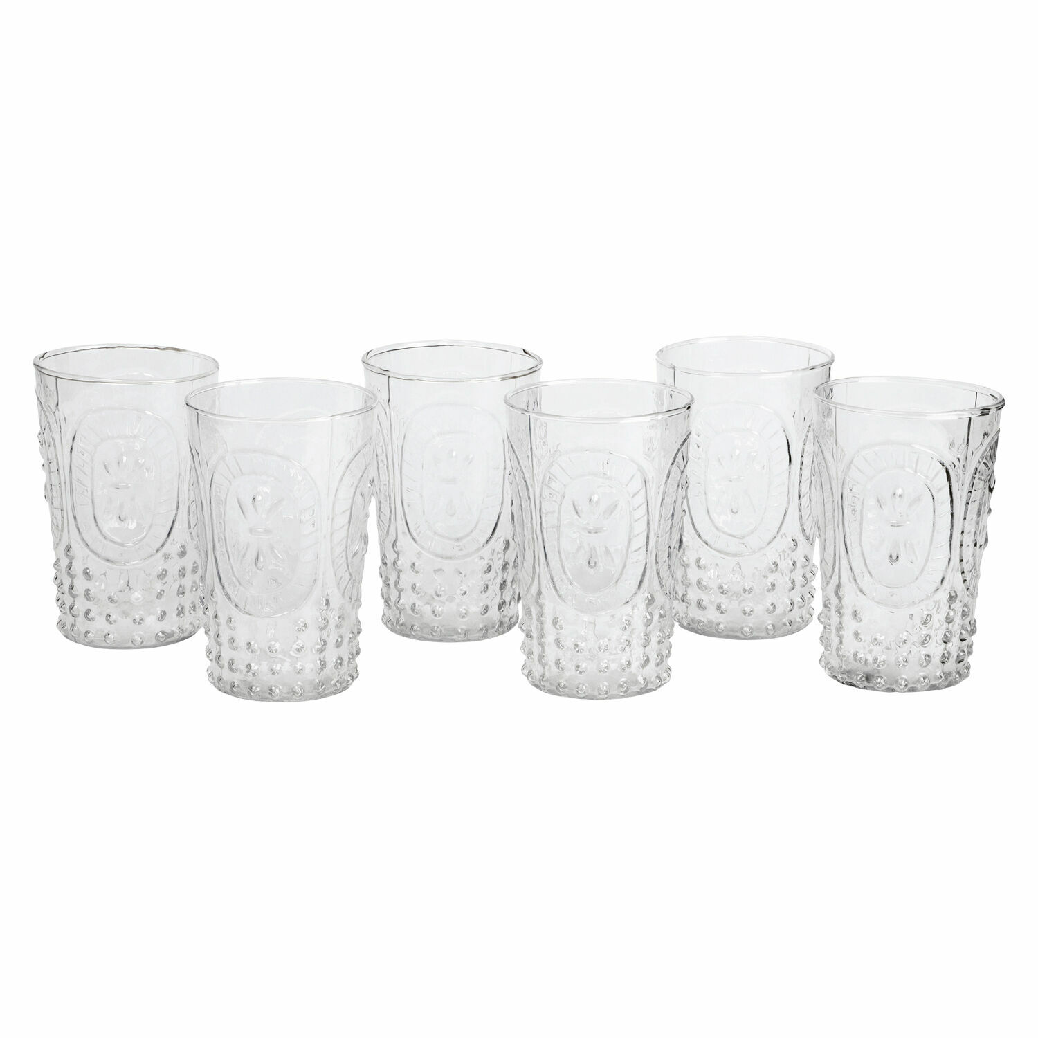 Glas set van 6 Fleury Set van zes transparante glazen van glas met decoratief reliëf en verhoogde stippen