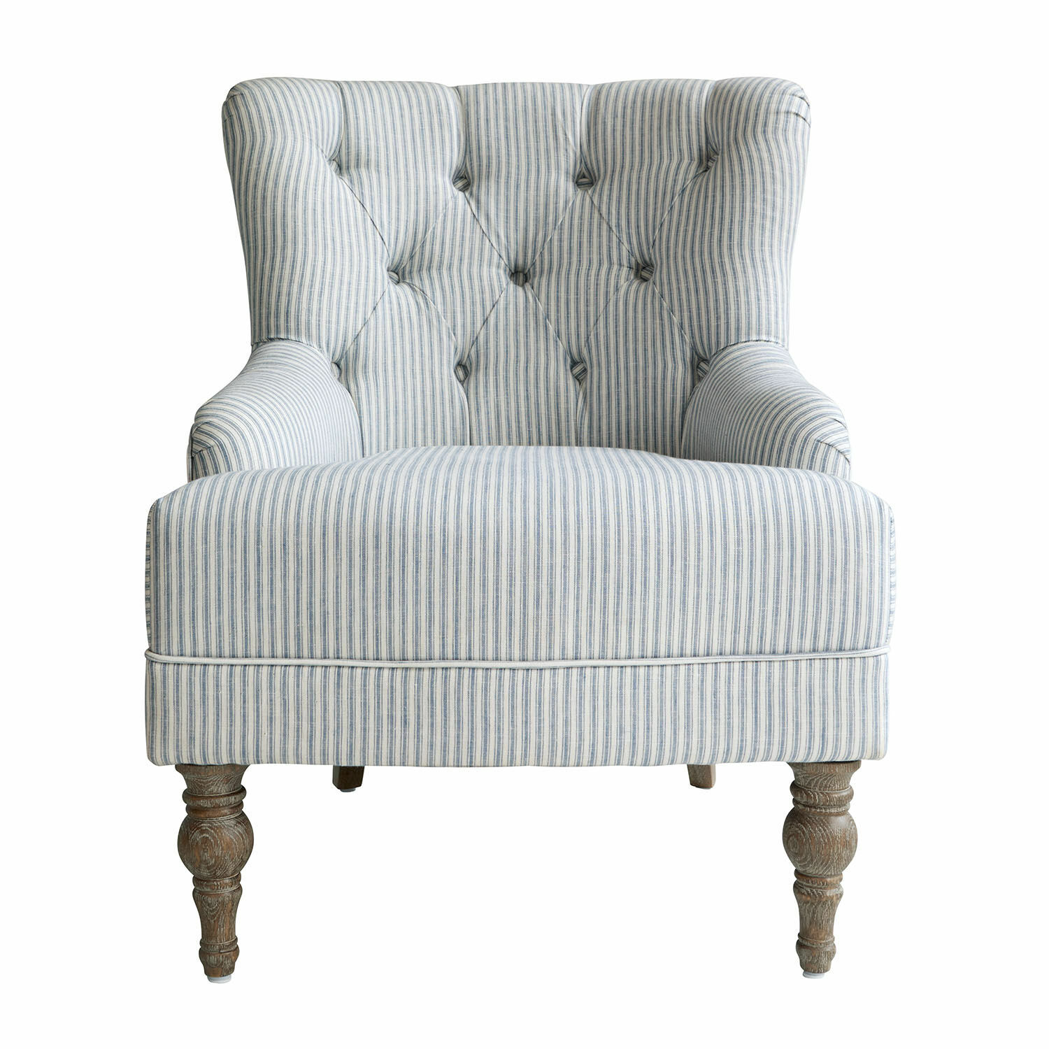 blauw/wit Fauteuil Amuran met blauw-wit gestreepte stof en gedraaide houten poten in vintage stijl
