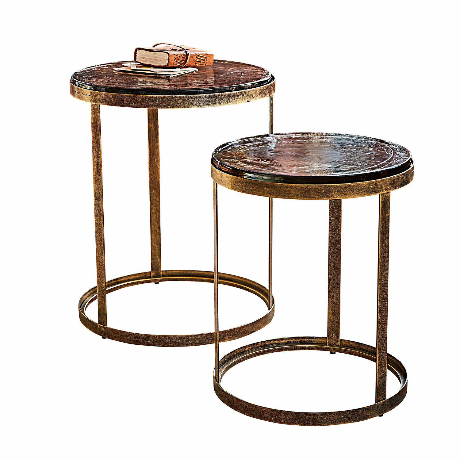 Lot de 2 tables d'appoint Beautisse Ensemble de deux tables d'appoint rondes avec cadre en métal et plateau en marbre foncé