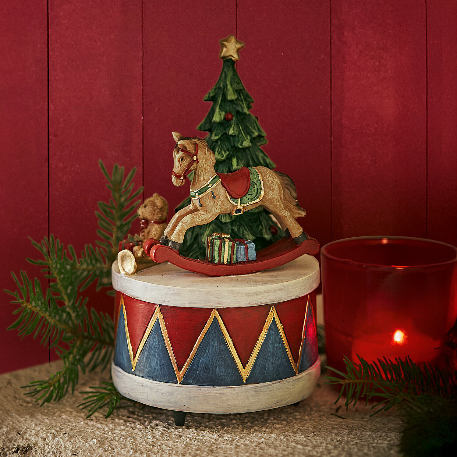 Boîte à musique Harmony Boîte à musique en bois avec cheval à bascule et sapin, décor rouge et bleu pour décoration de Noël