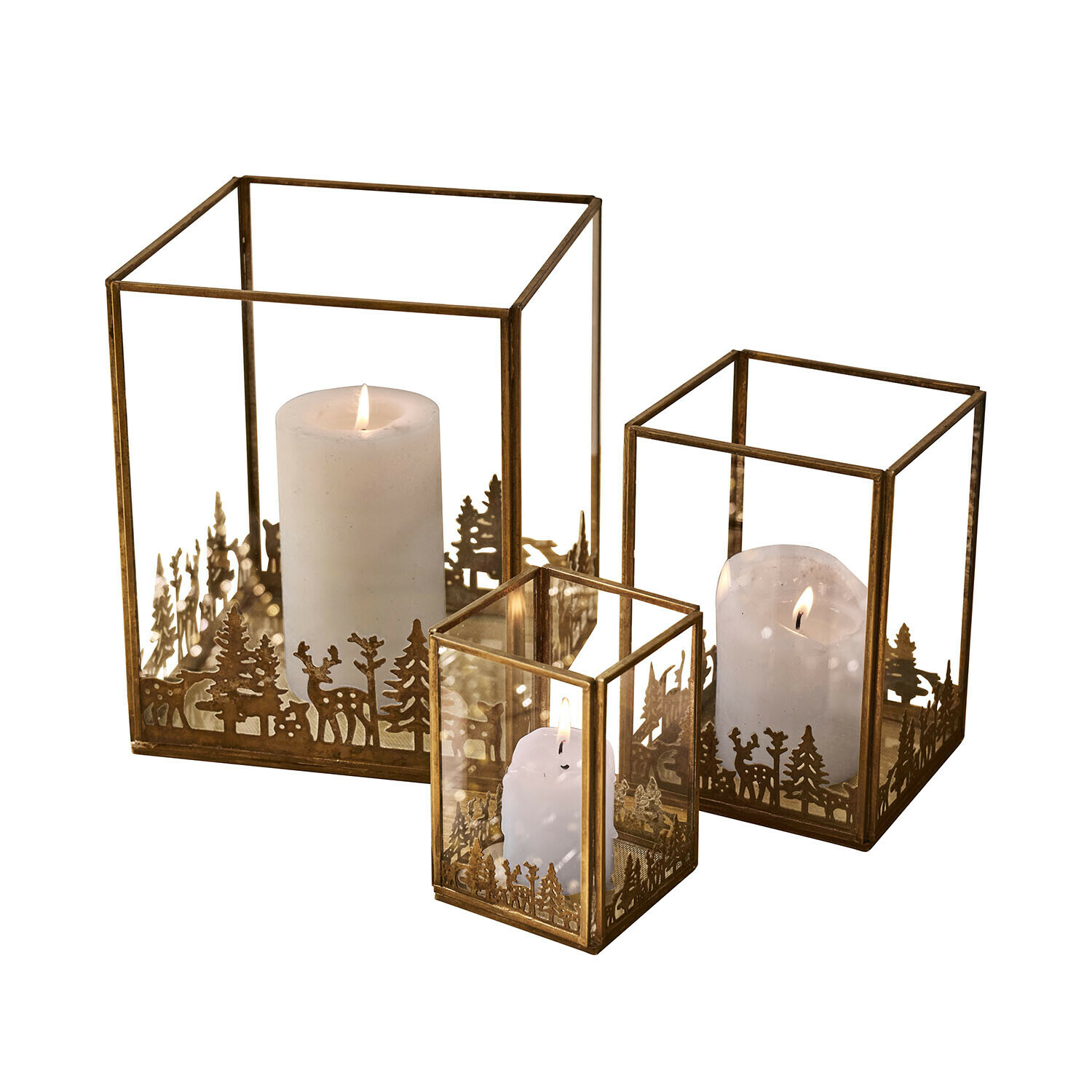 Lot de 3 photophores Solenda Ensemble de trois lanternes en métal couleur laiton avec motif forêt et bougies blanches