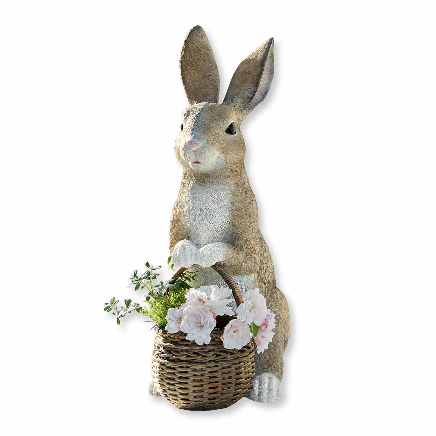 Lapin avec corbeille Alais Figurine de lapin en résine marron tenant un panier avec des fleurs décoratives blanches