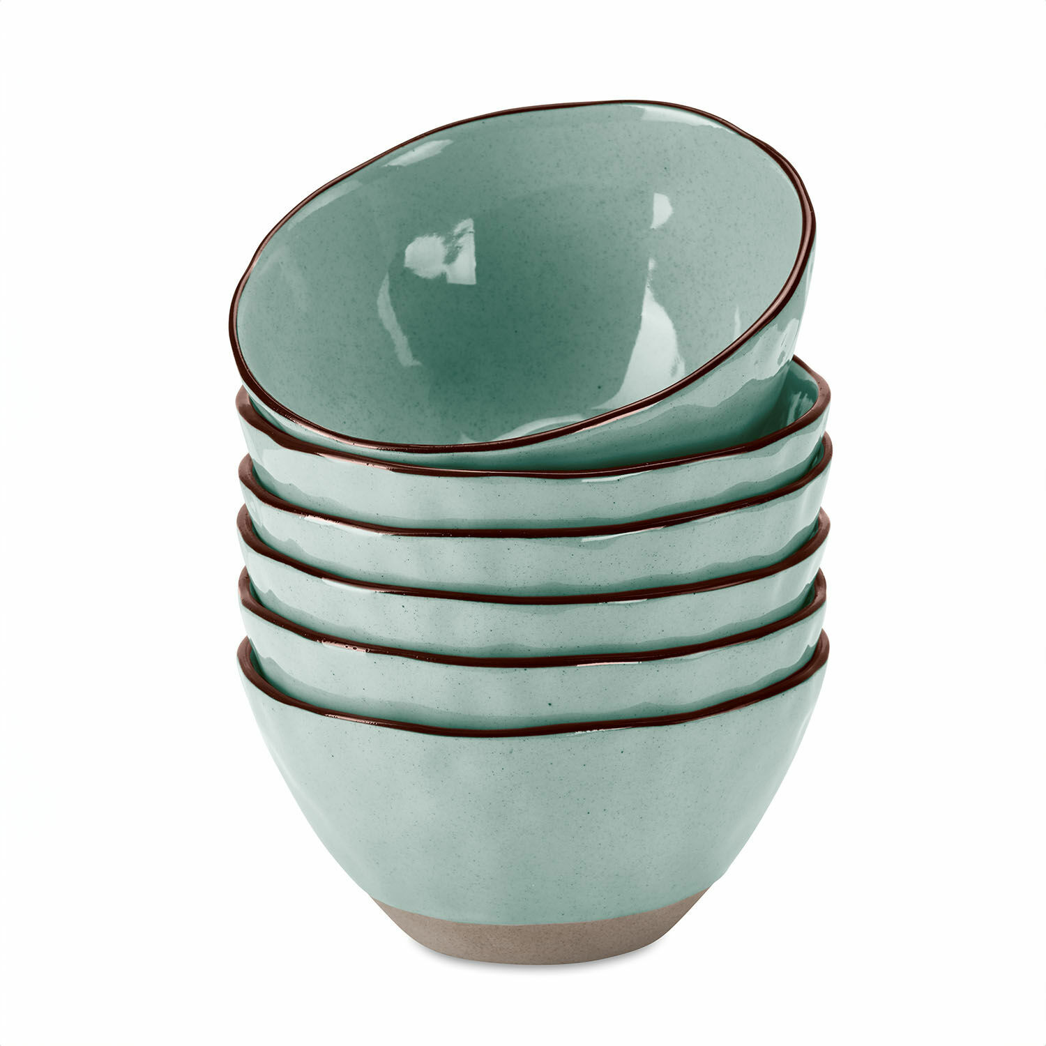 turquoise Set van 6 turquoise keramische kommen Biarritz met bruine rand voor keuken en tafel