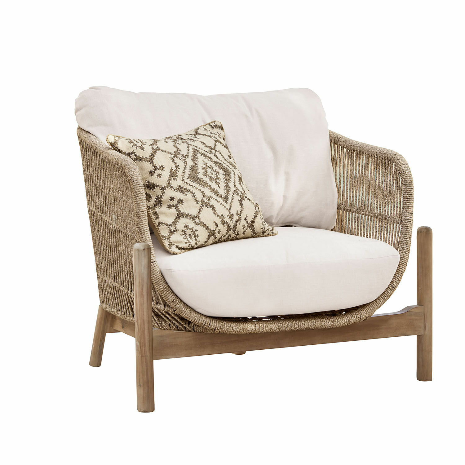 Stoel FSC®-100% Belvidere Fauteuil met beige kussen en gevlochten rug van natuurlijk hout en stof