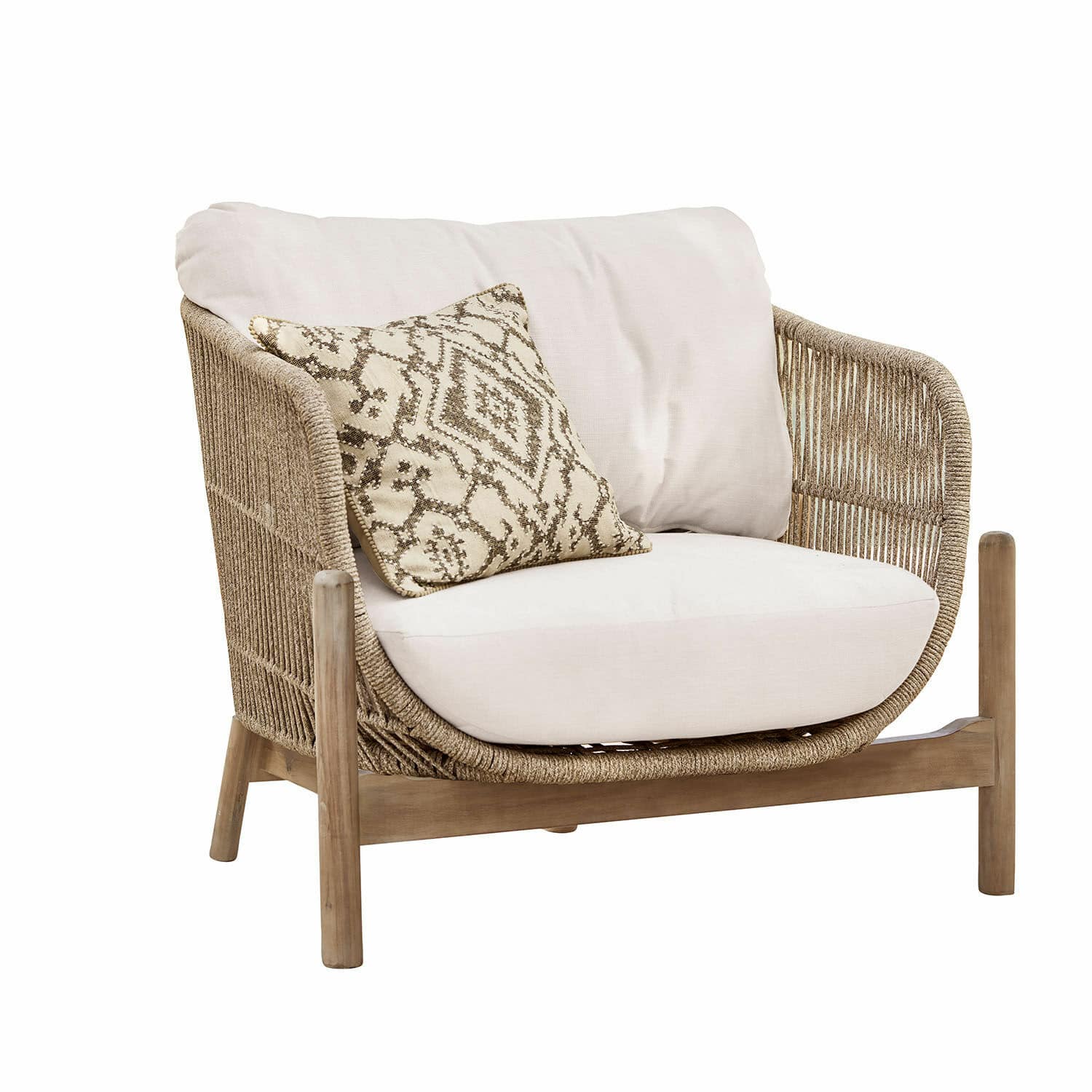 Stoel FSC®-100% Belvidere Fauteuil met beige kussen en gevlochten rug van natuurlijk hout en stof