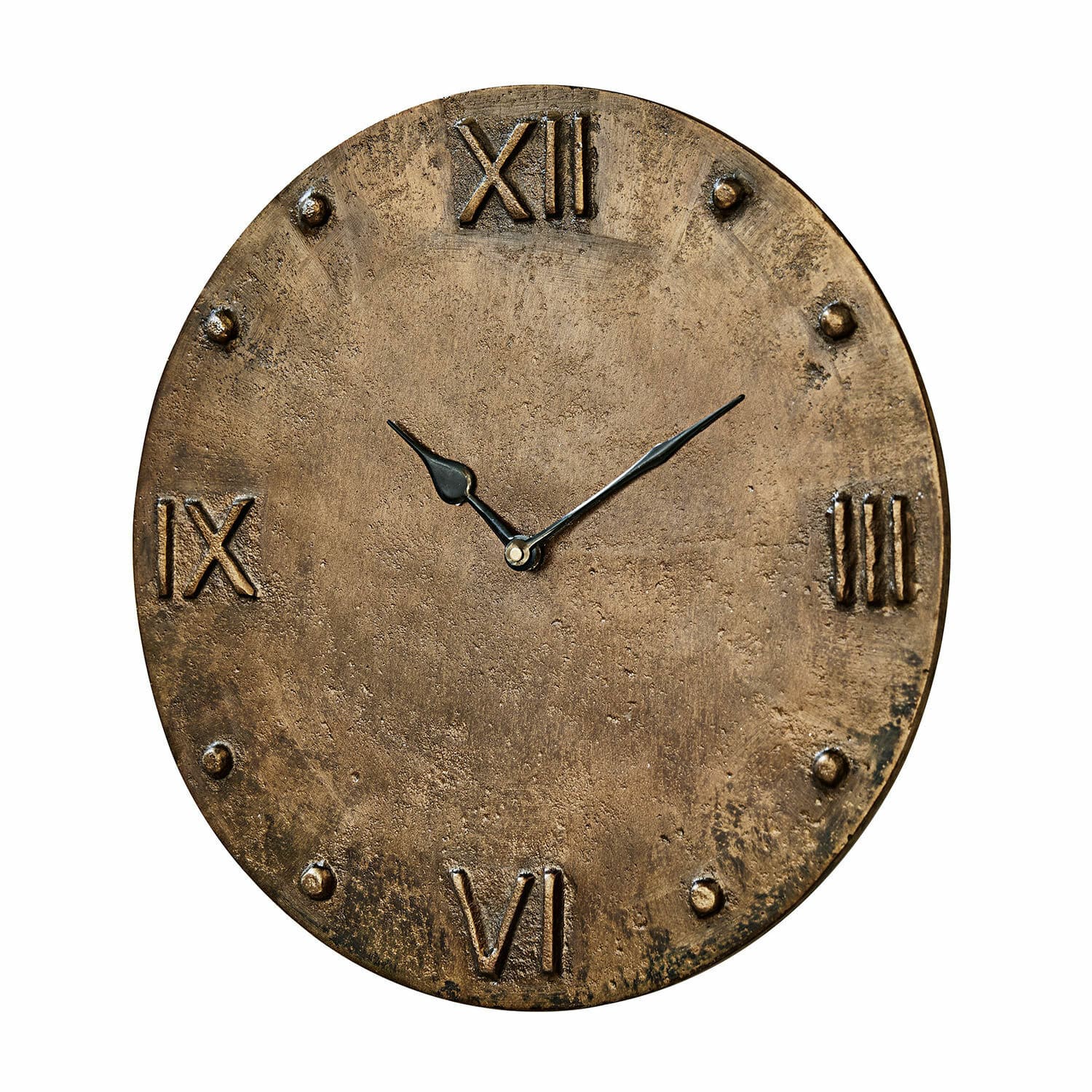 Klok Kaleens Ronde vintage wandklok van messing met Romeinse cijfers en zwarte wijzers