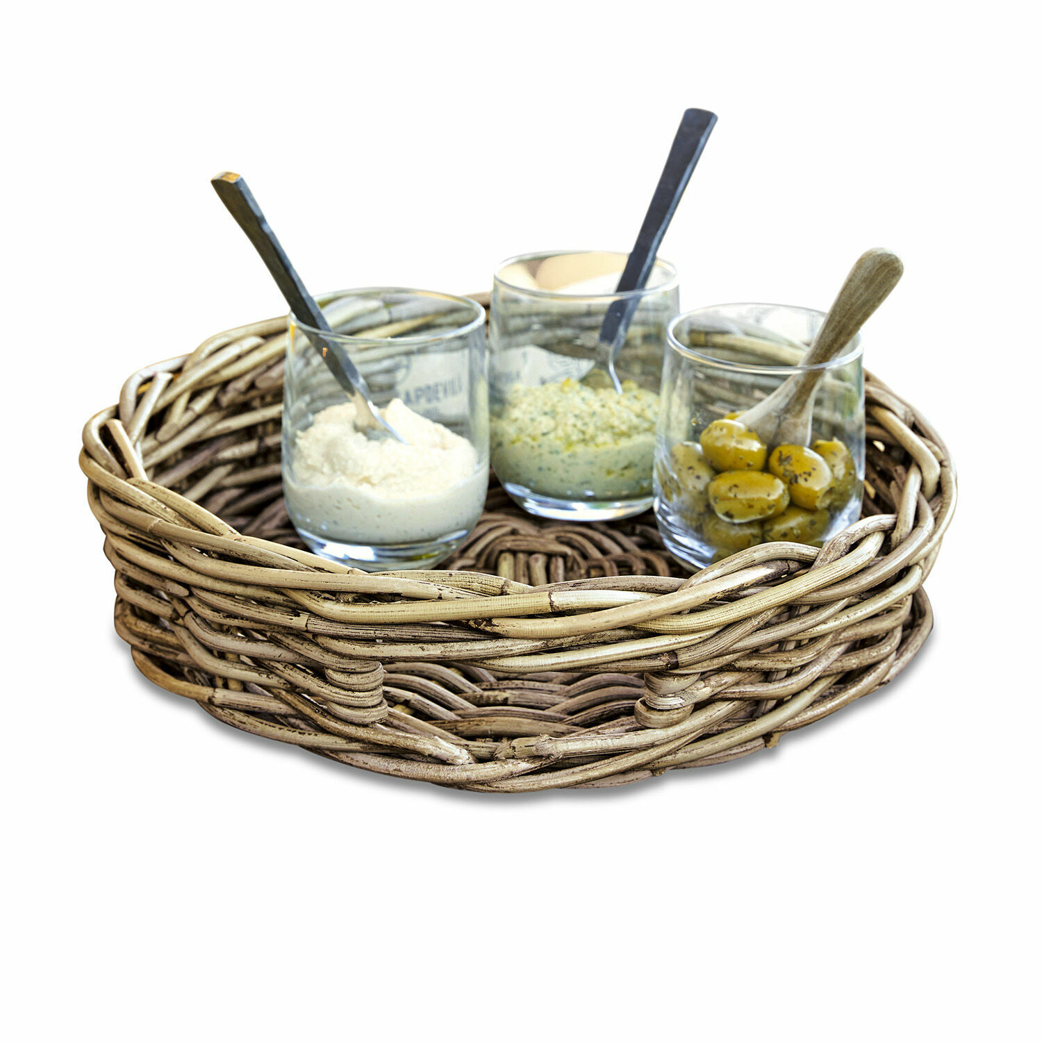 Plateau Duras Panier rond en osier avec trois verres et cuillères pour épices et olives