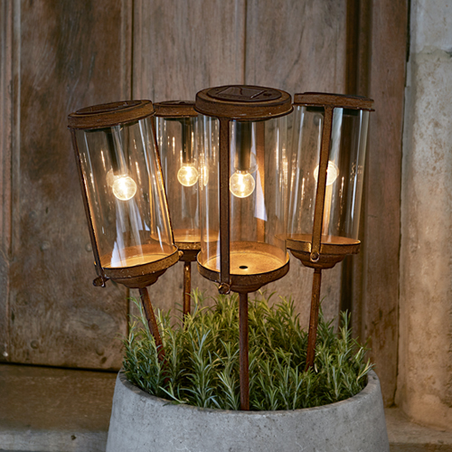 Ensemble de quatre lanternes de jardin en verre et métal rouillé dans un pot avec plantes vertes, éclairage extérieur décoratif