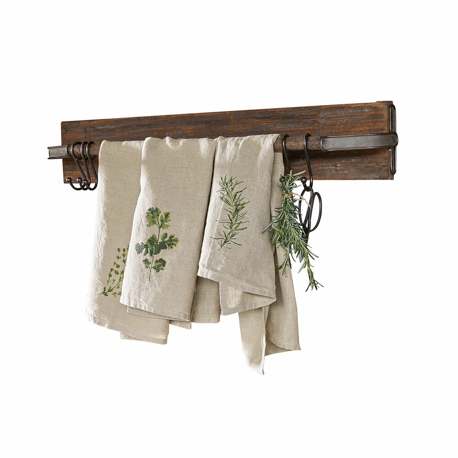 Patère à crochets Paulding Porte-serviettes en bois rustique avec crochets en métal et torchons en lin imprimés d'herbes vertes