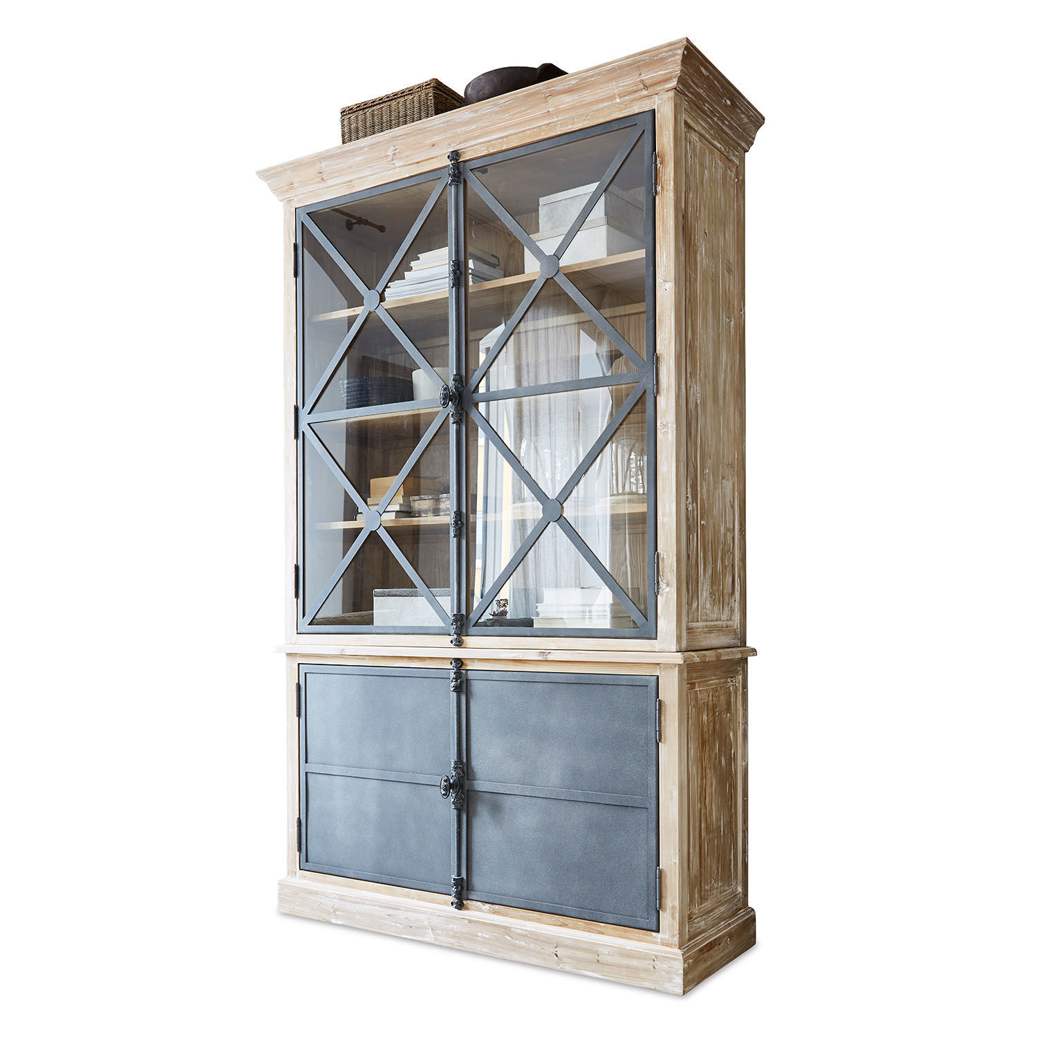 Kast Kingswin Vitrinekast van natuurlijk hout en metaal met glazen deuren en planken voor boeken en decoratie