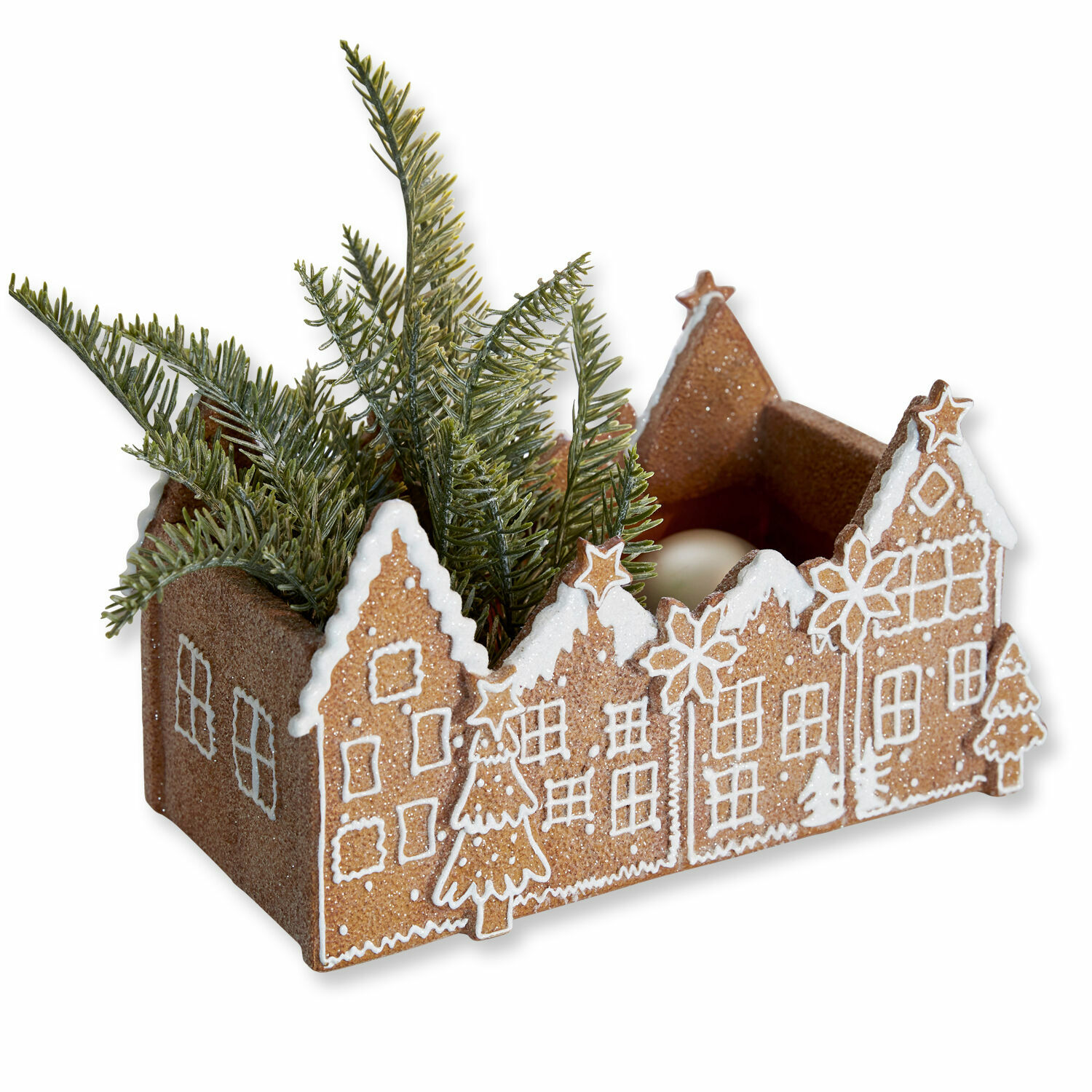 Coupe Anyama Contenant décoratif en forme de maison en pain d'épices avec branches vertes pour Noël