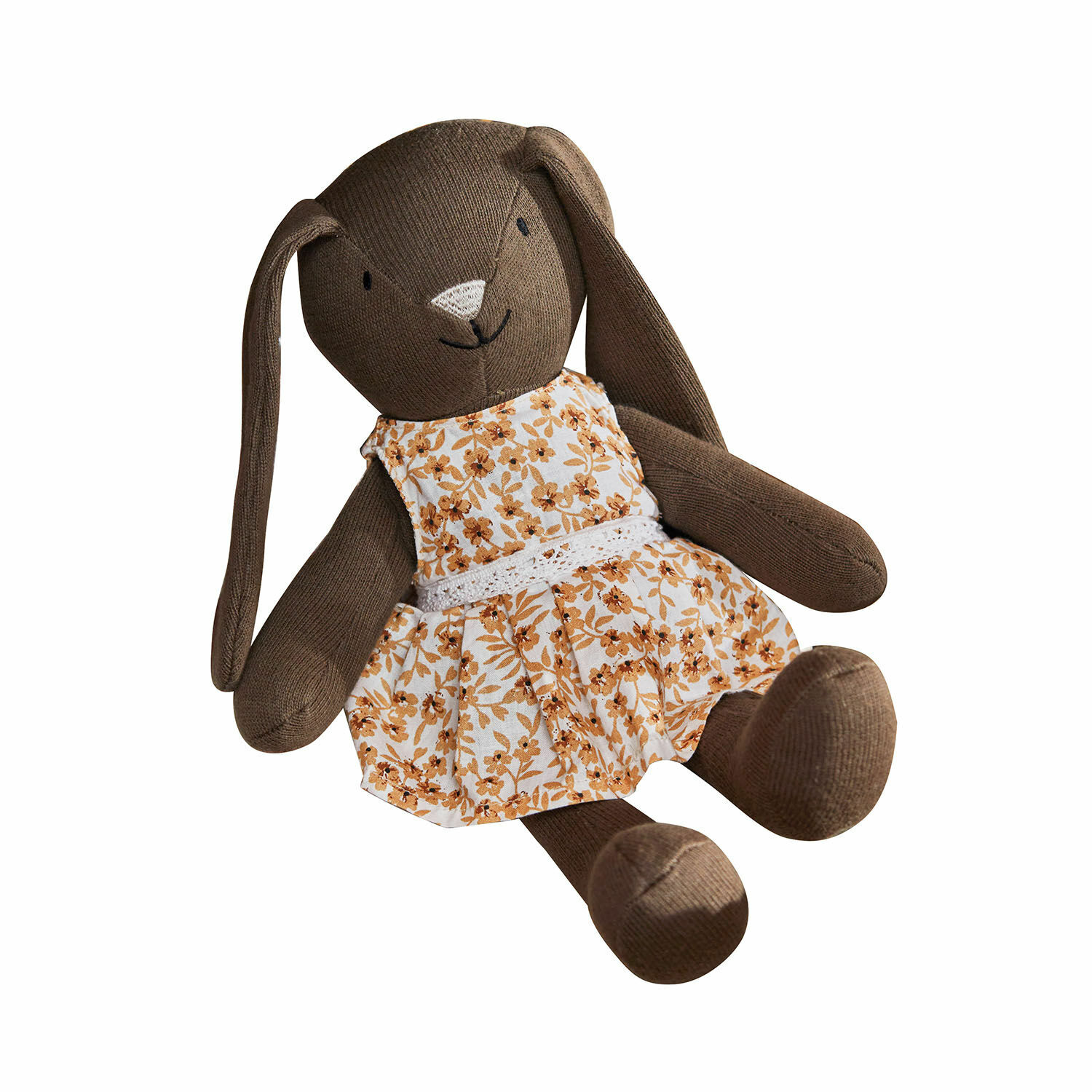 Knuffeltje Pippaloo Bruine pluchen konijn met beige en oranje bloemenjurk, zacht kinderspeelgoed
