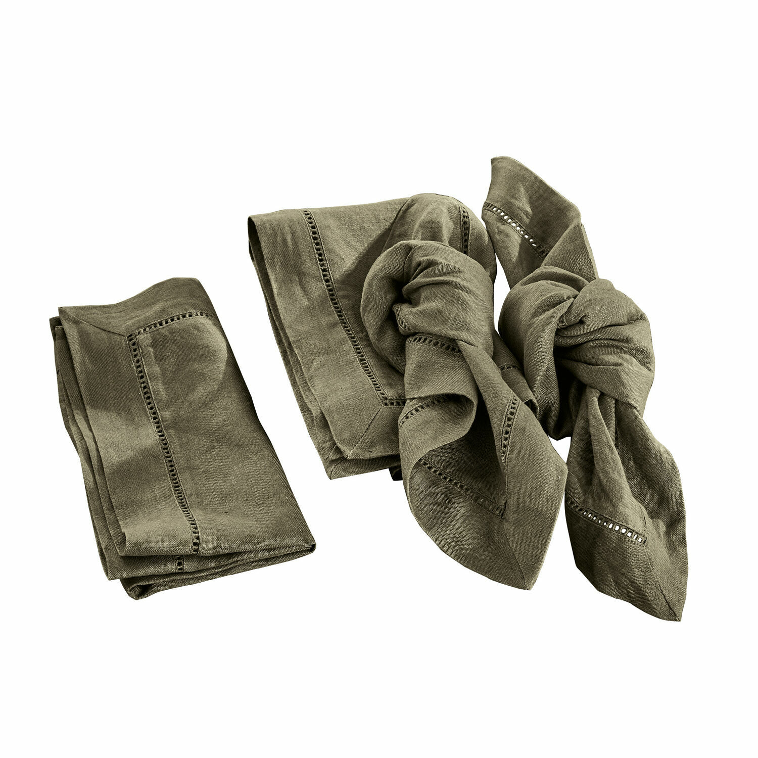 Servet set van 4 Covent Garden Set groene linnen servetten met decoratieve stiksels voor tafeldecoratie