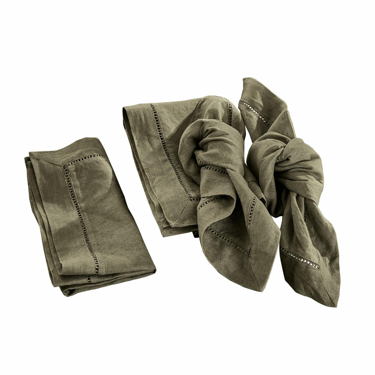 Servet set van 4 Covent Garden Set groene linnen servetten met decoratieve stiksels voor tafeldecoratie