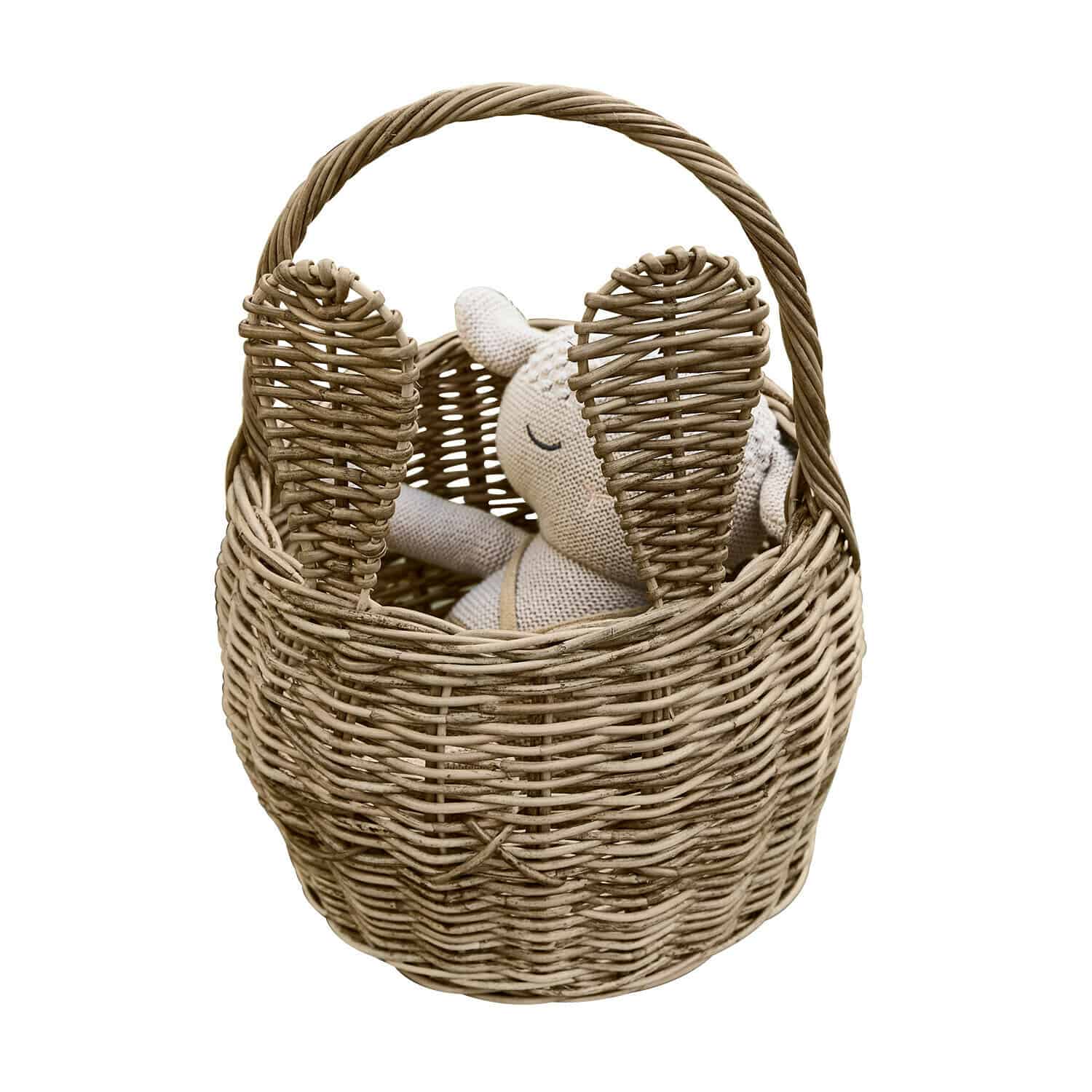 Panier Whimsywood Panier en osier naturel en forme de lapin avec oreilles et peluche beige à l'intérieur