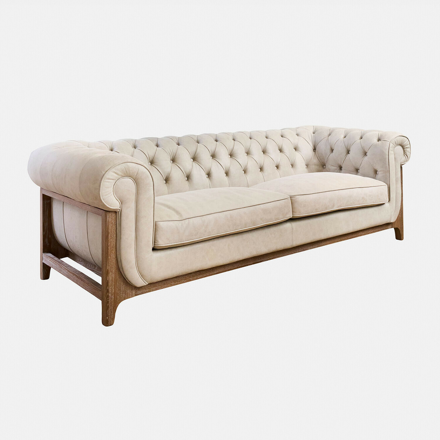 beige Beige Swansboro bank met gestikte rugleuning en houten frame, elegante zitmeubel
