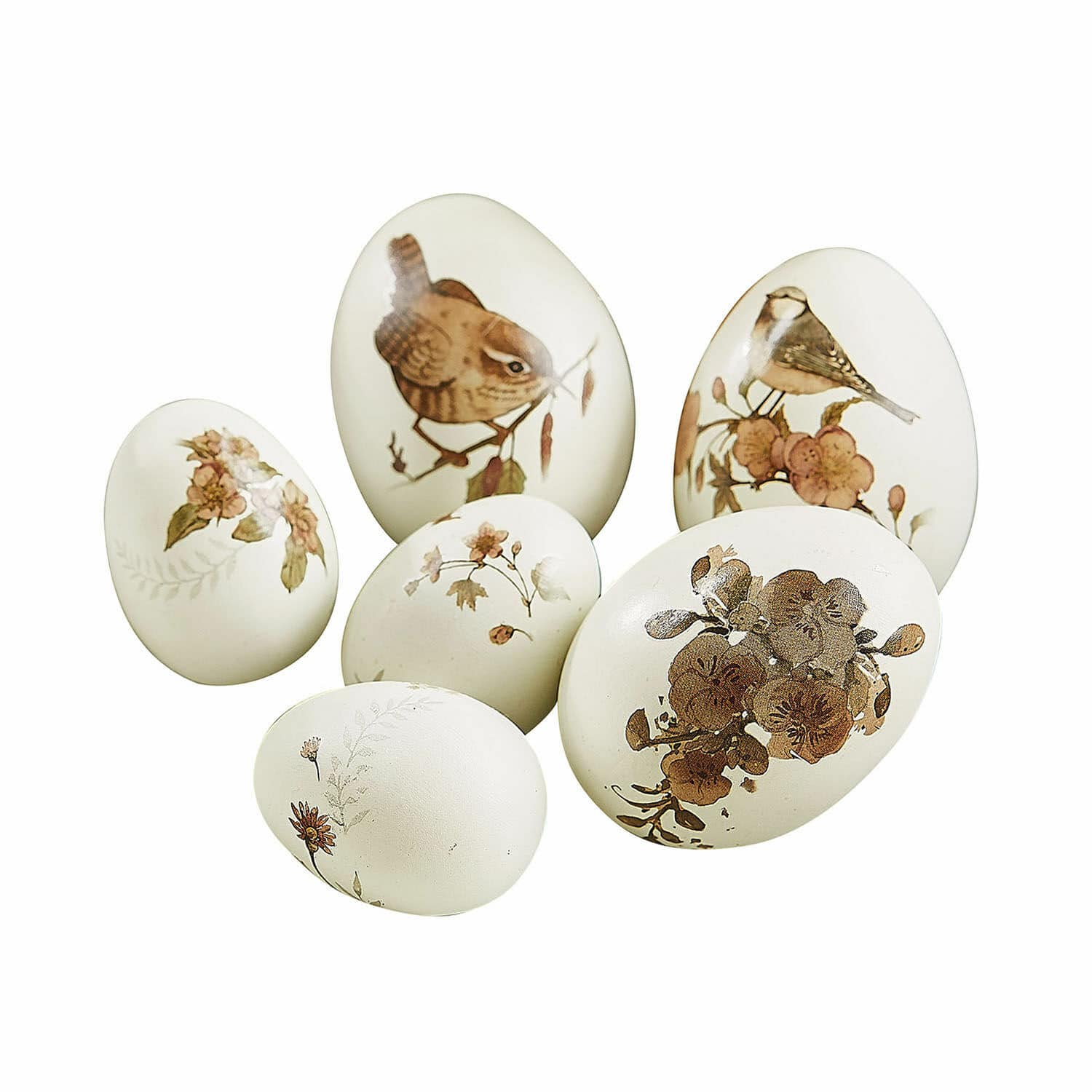 Decoratie-ei set van 6 Sylphette Set van zes decoratieve beige eieren met vogel- en bloemmotieven voor lentebehang