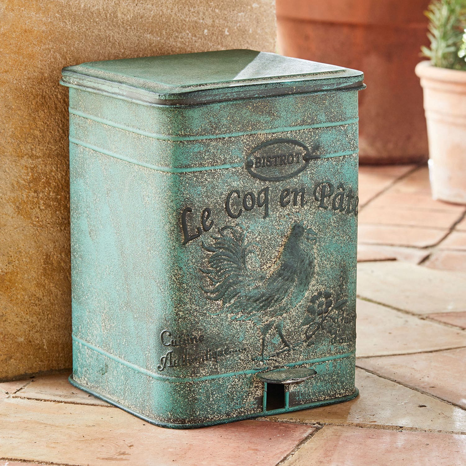 Poubelle Kora Poubelle en métal vert style vintage avec motif coq, idéale pour terrasse ou jardin extérieur