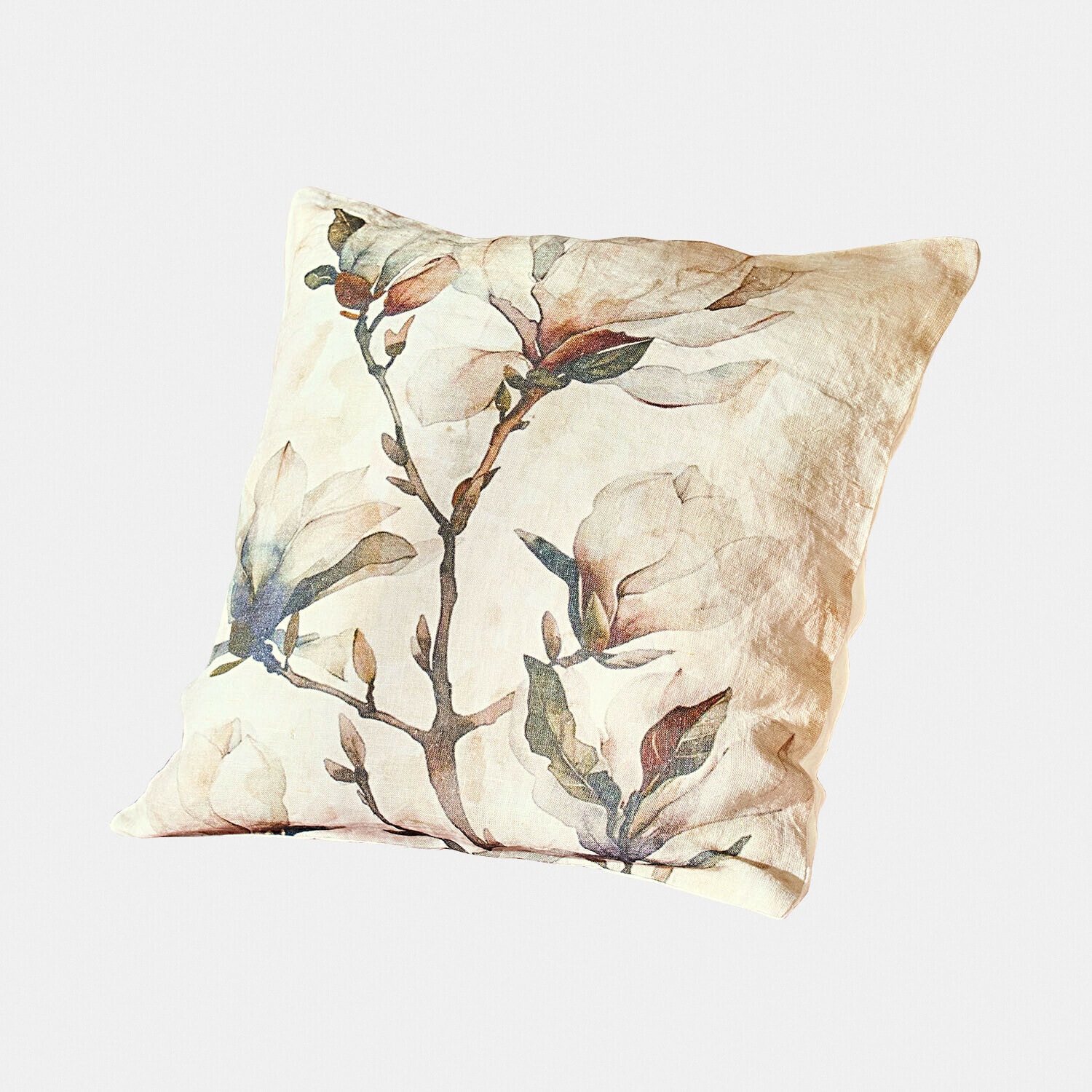 Kussenhoes Aurélines Beige linnen kussen met magnolia bloemenprint, decoratief en zacht voor de woonkamer