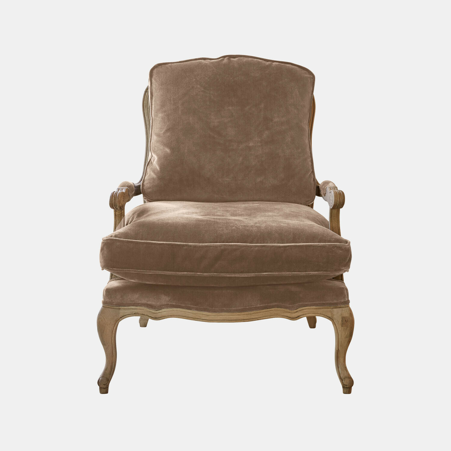 Fauteuil Corlay en tissu taupe doux avec structure en bois sculpté style vintage