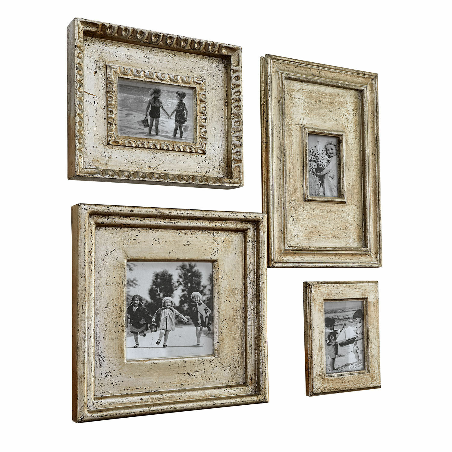 Fotolijst set van 4 Holny Set van vier rustieke houten fotolijsten in verweerde beige kleur voor wanddecoratie