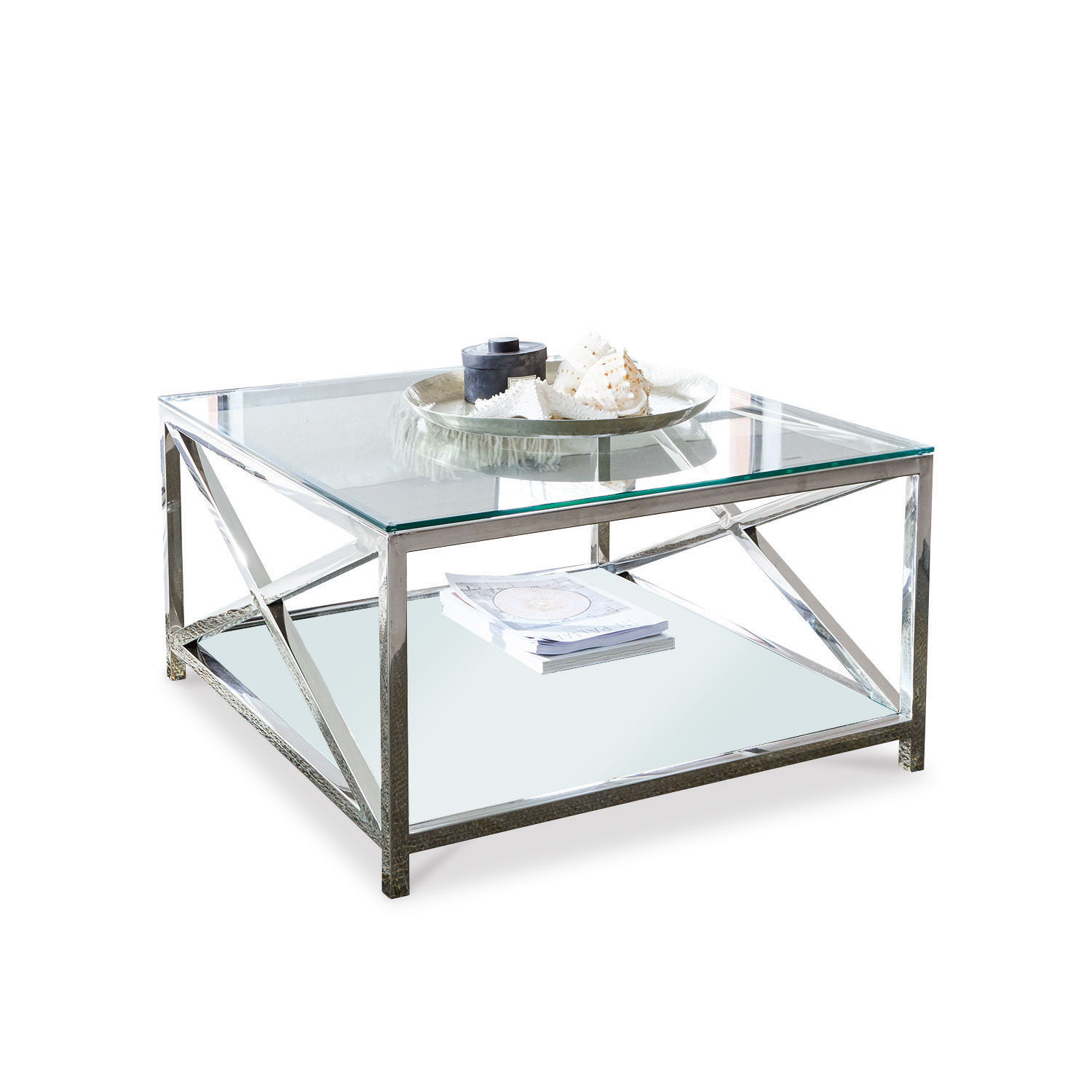 Salontafel Stamford Vierkante salontafel met glazen blad en zilverkleurig metalen frame voor woonkamer