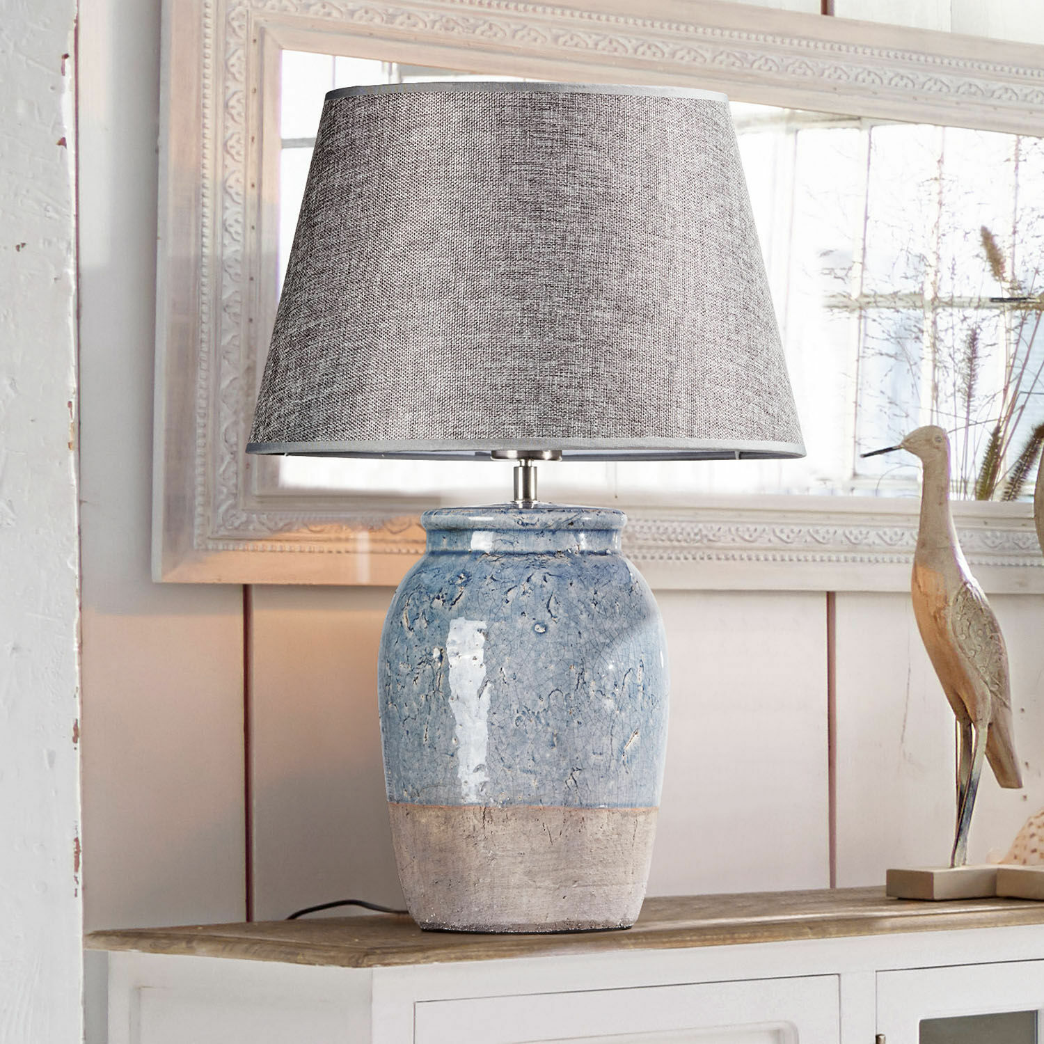 Lampe à poser Manly Lampe de table en céramique bleu et beige avec abat-jour gris, décoration intérieure élégante