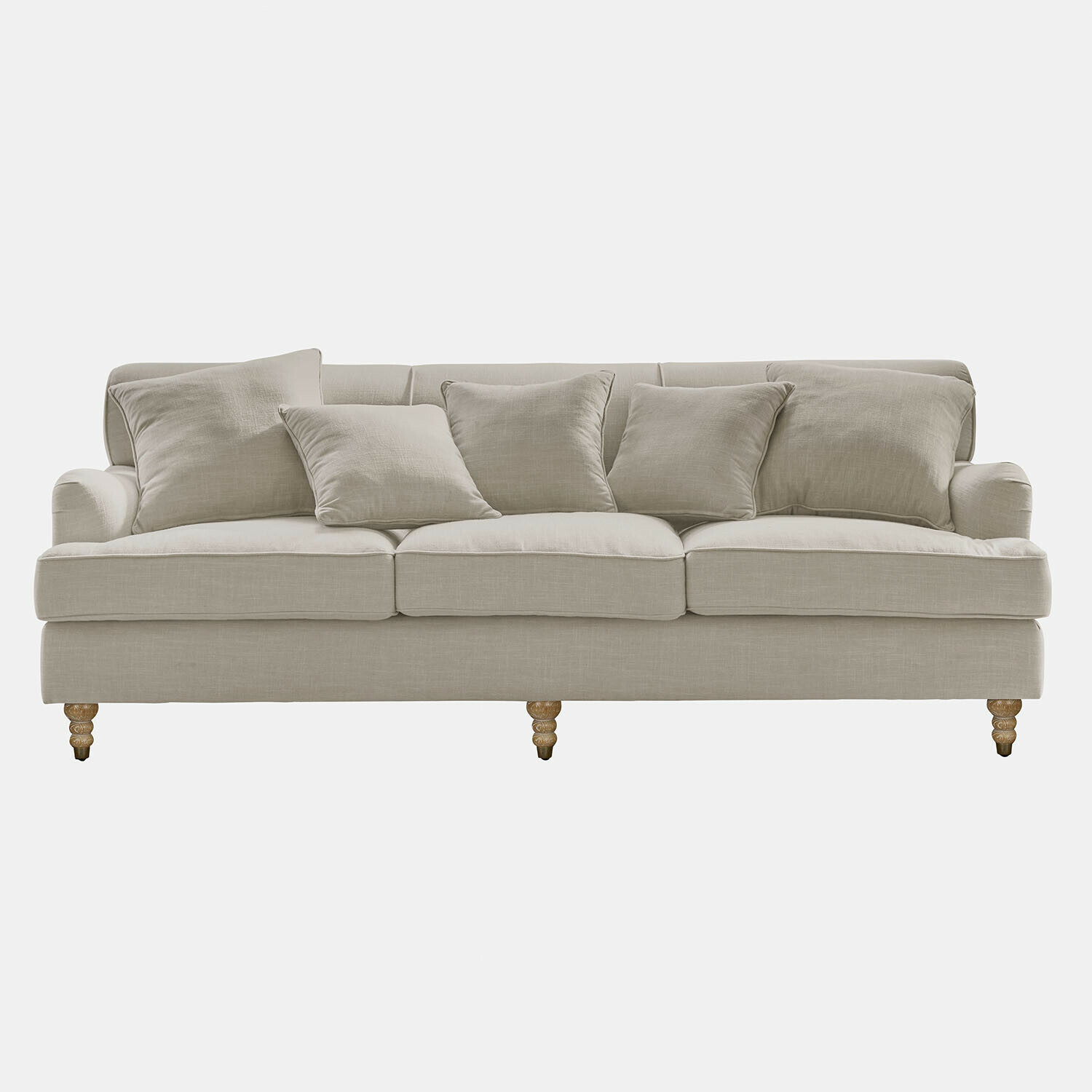 Bank Isa Beige stoffen bank met kussens en houten poten, comfortabele woonkamermeubel