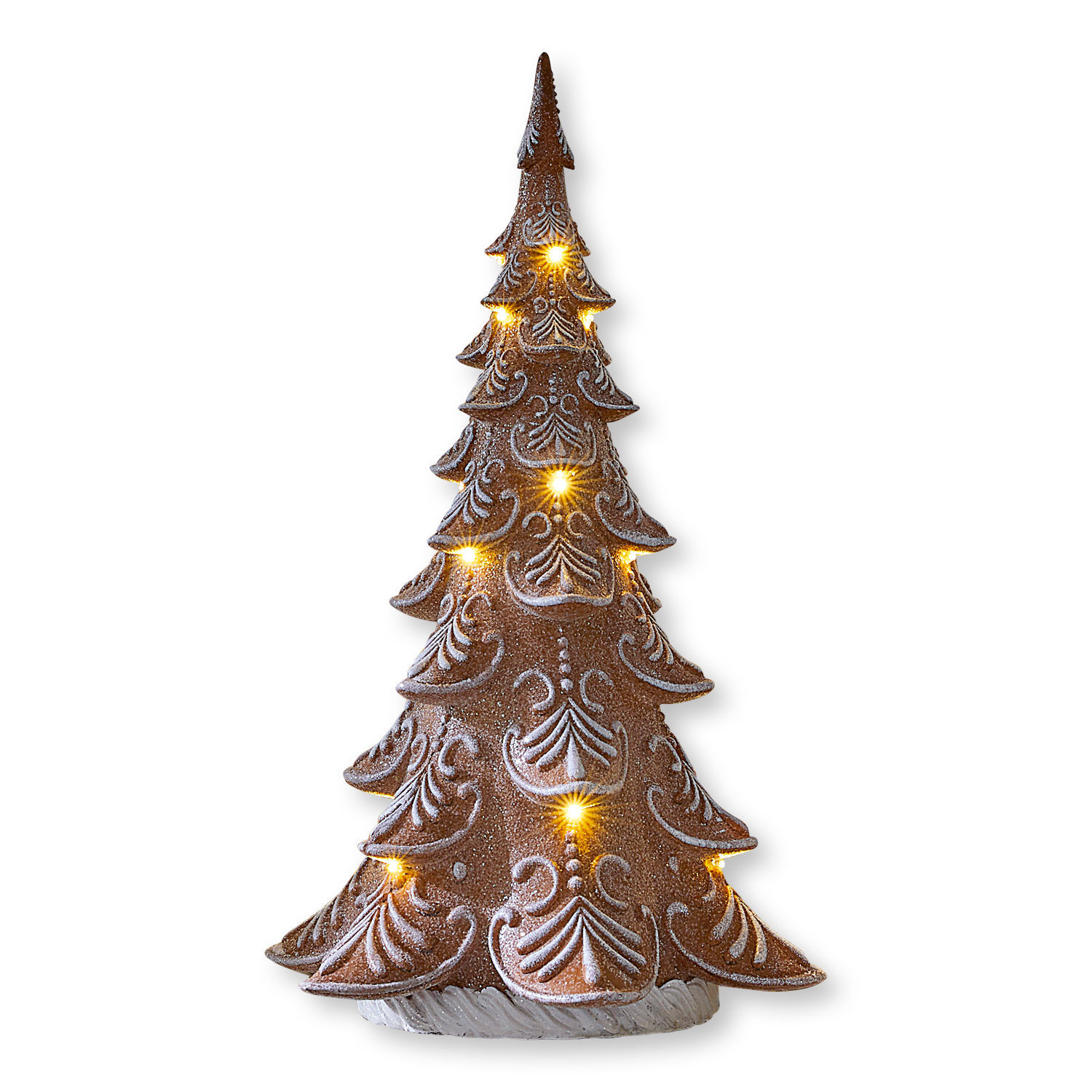 Arbre décoratif Anyama Sapin en céramique marron avec motifs blancs et lumières LED jaunes chaudes décoratives