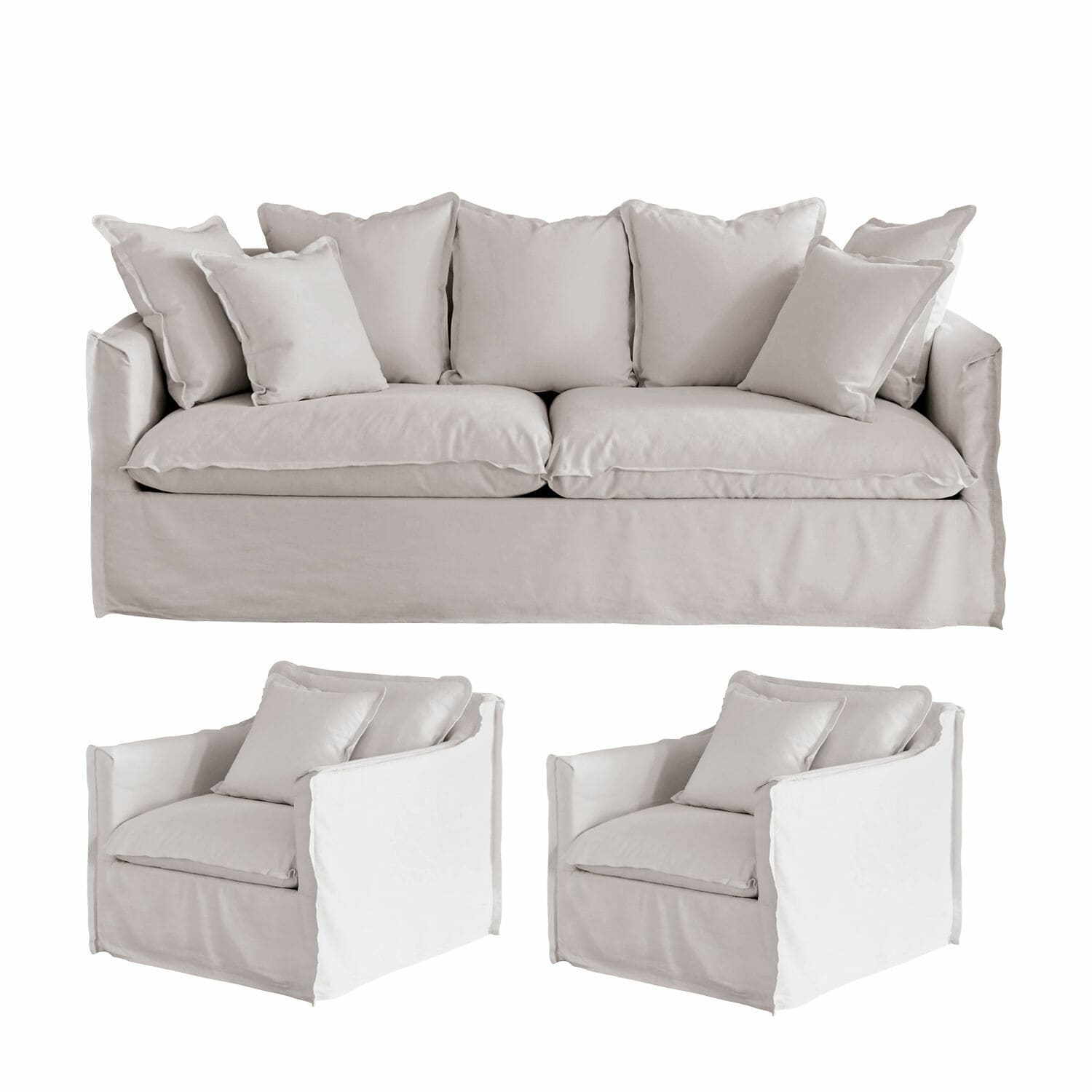 Zitgroep Tienen van lichtgrijs linnen met bank en twee fauteuils voor de woonkamer