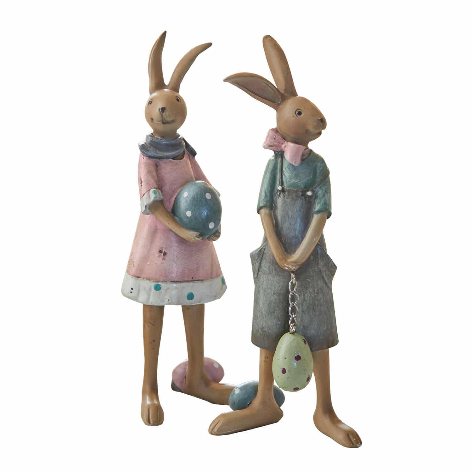 Haasje set van 2 Sivalex Twee decoratieve metalen konijnenfiguren in pasteltinten met paaseieren