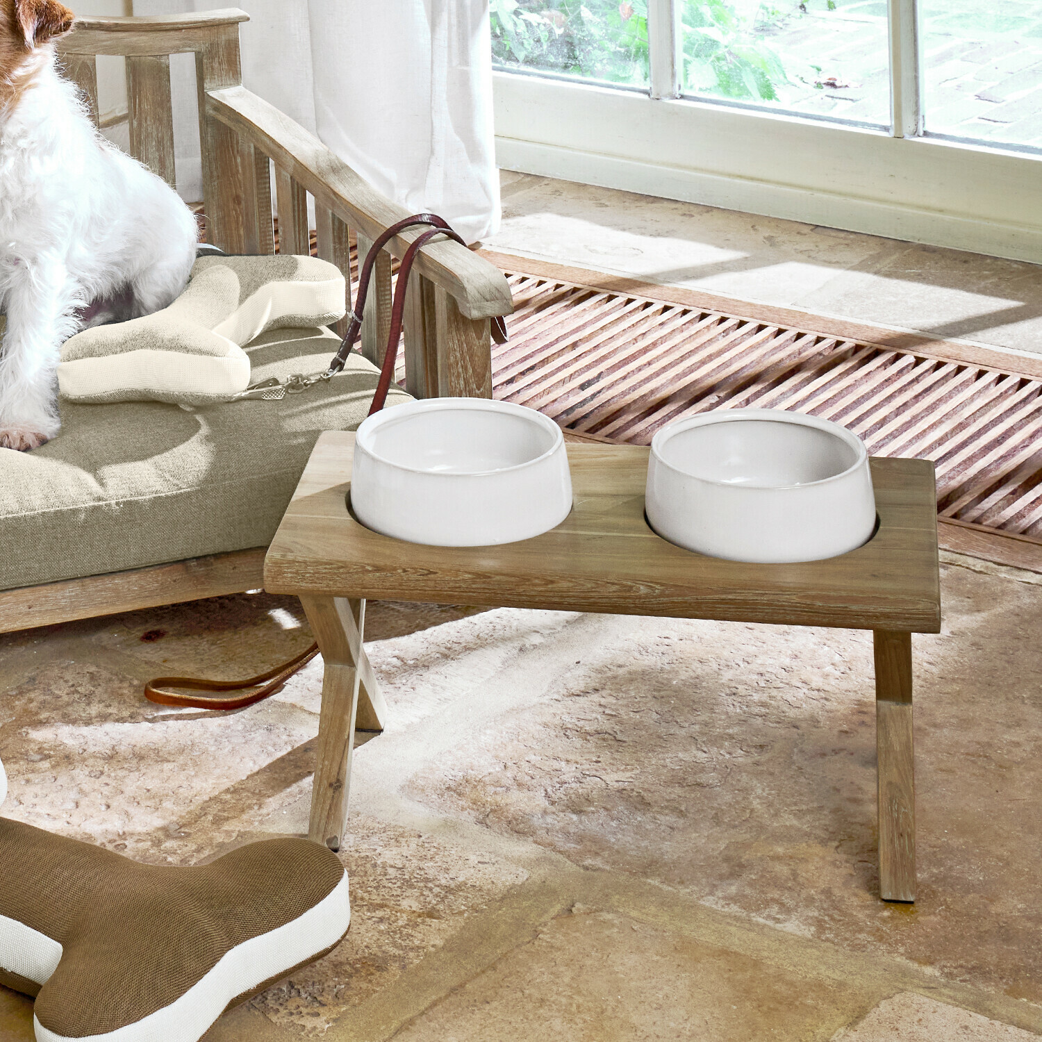 Lot de 2 gamelles Felluna Double gamelle en céramique sur support en bois naturel pour nourrir un chien à la maison