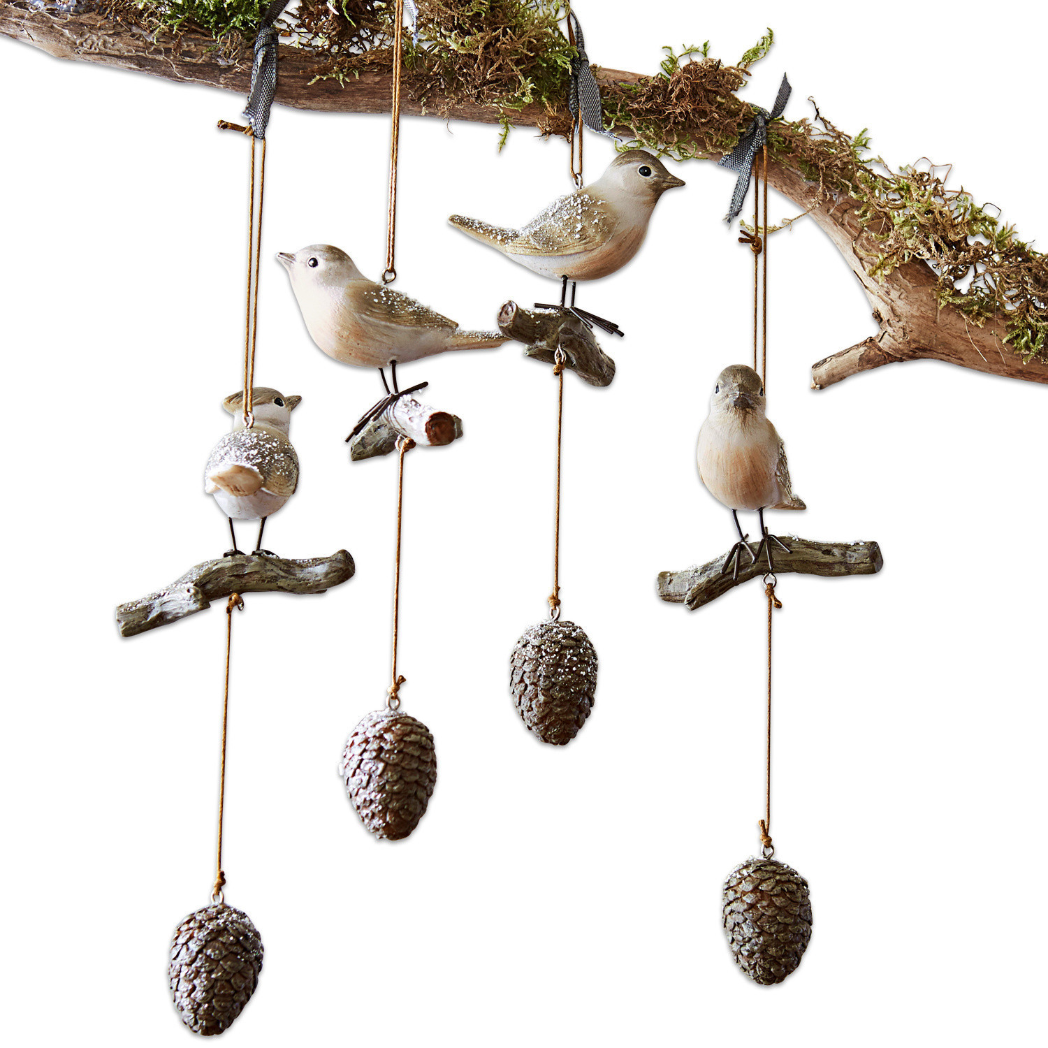 Vogel set van 4 Vianne Decoratieve vogelhangers met dennenappels in natuurlijke kleuren aan tak voor binnen en tuin