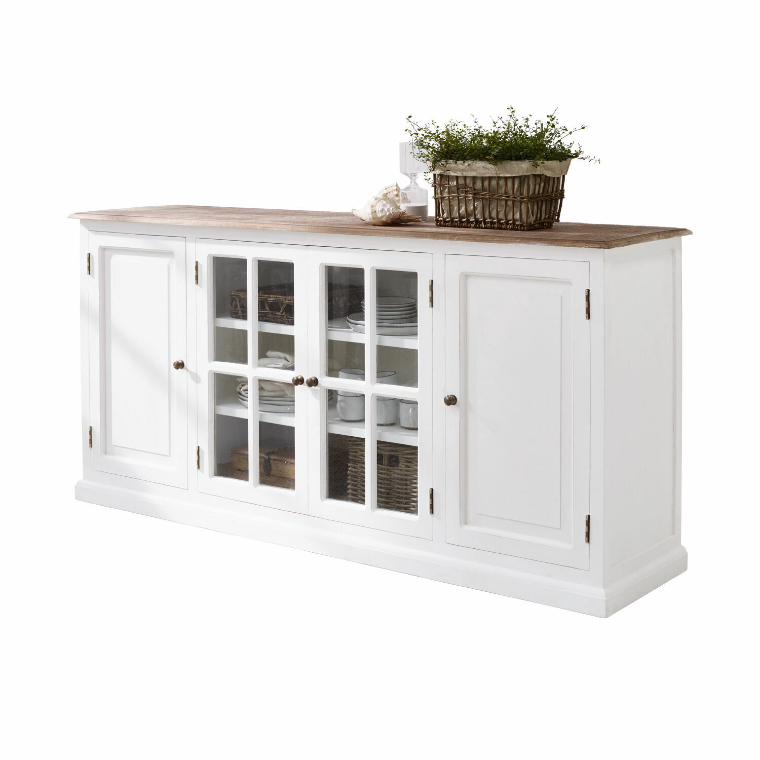 Commode Kostan Buffet blanc en bois avec portes vitrées et plateau en bois naturel, meuble de salon élégant