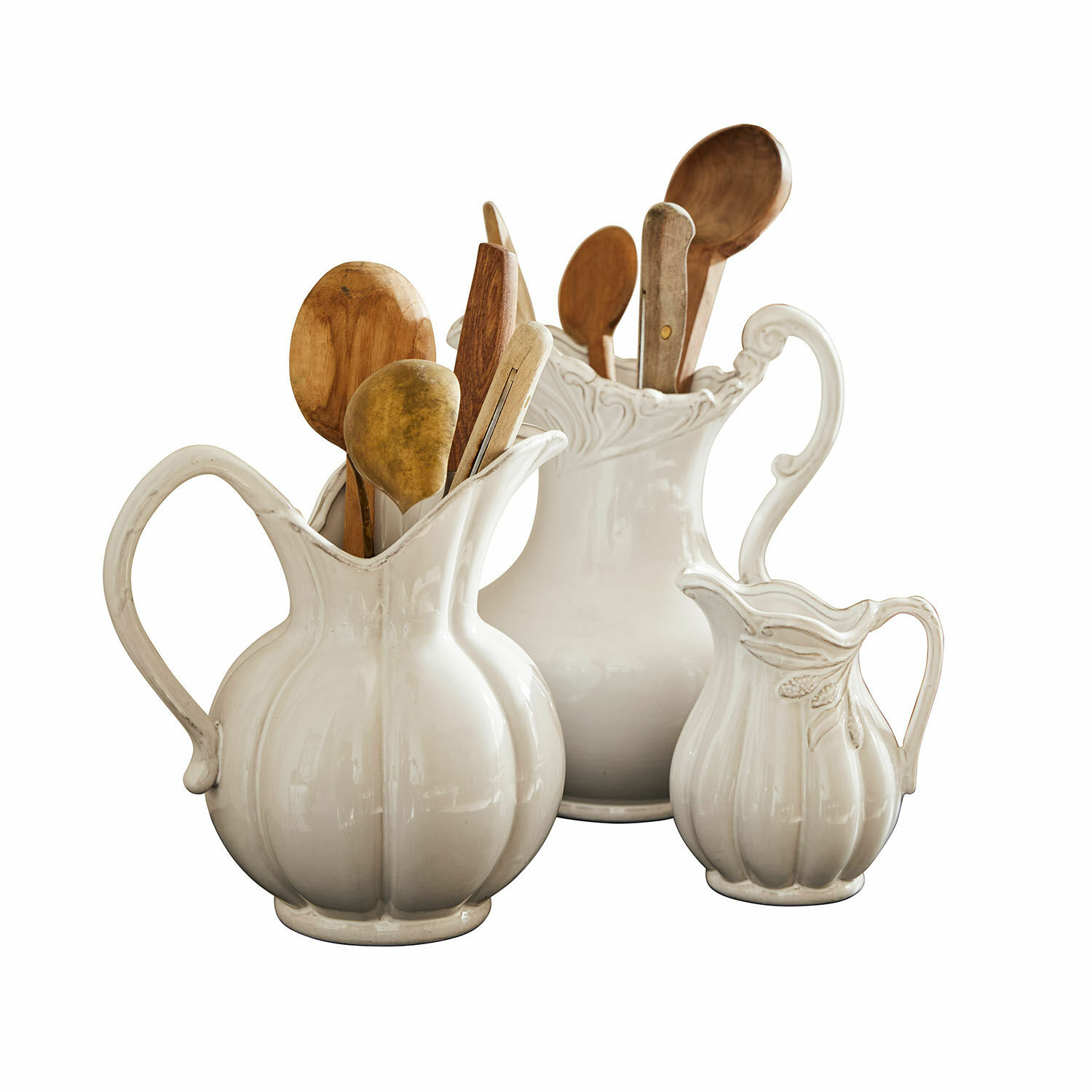 Kan set van 3 Lucanera Set witte keramische kannen met houten lepels in vintage stijl voor de keuken