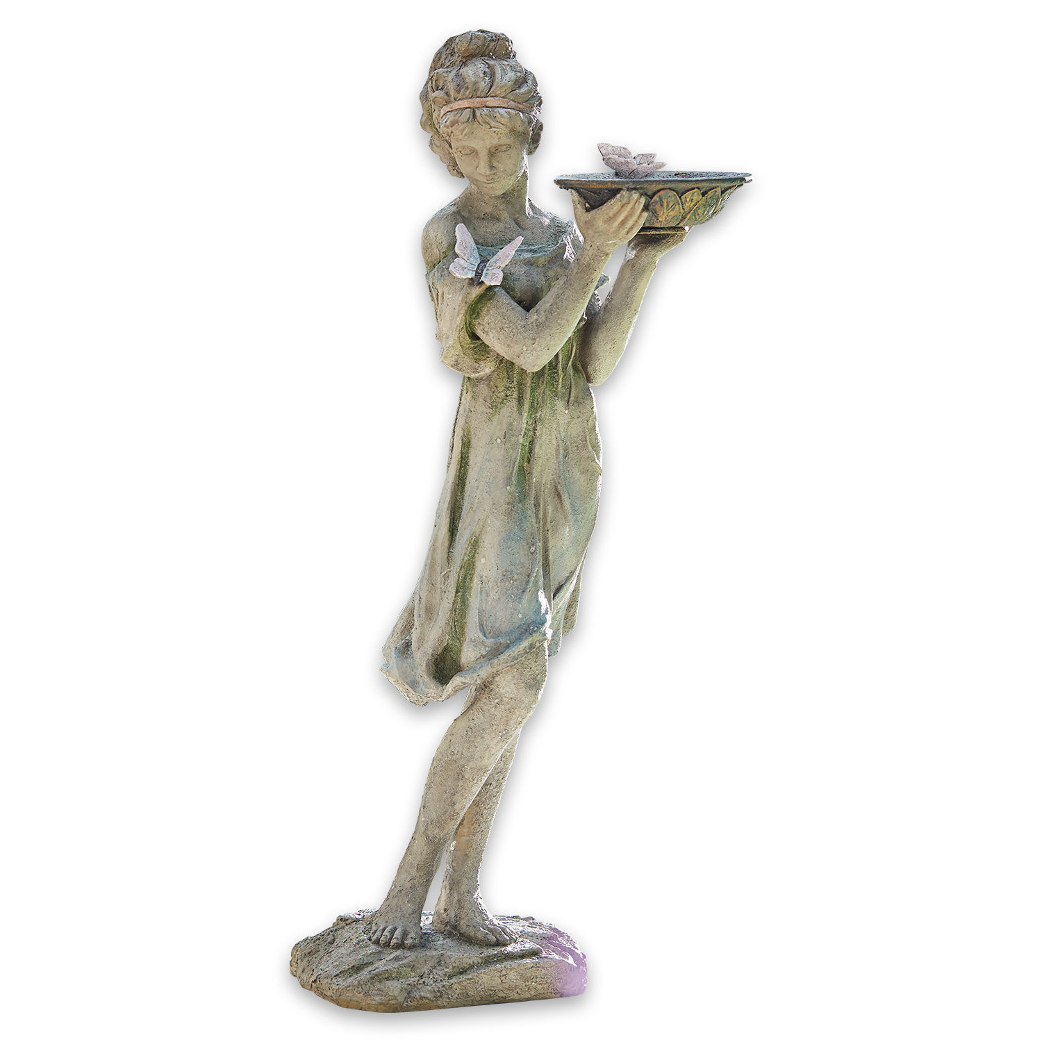 Sculptuur Malia Steenbeeld van meisje in groene jurk met schaal en vlinders voor tuindecoratie