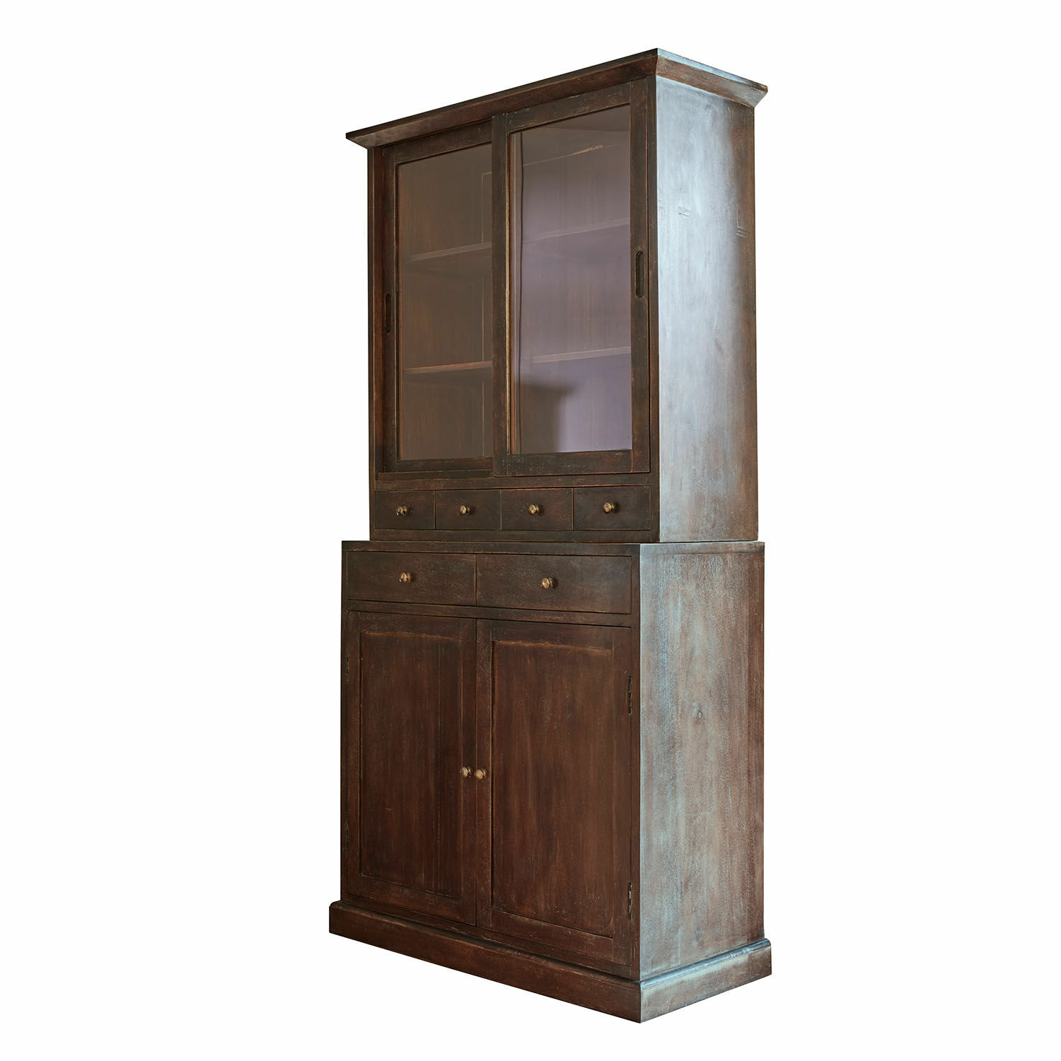 Massief donkerhouten vitrinekast met glazen deuren en lades voor stijlvolle opbergruimte