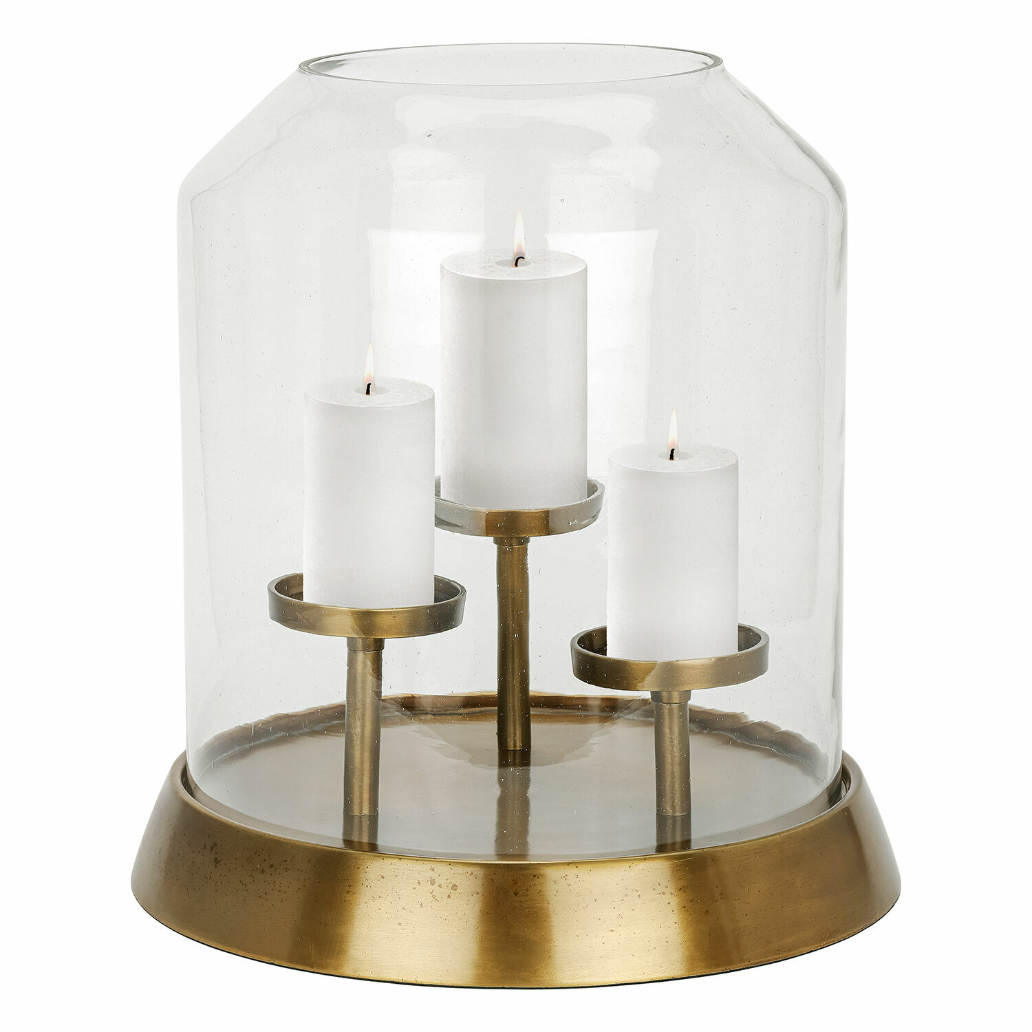 Photophore Vemesto Bougeoir en verre avec base en laiton et trois bougies blanches, décoration intérieure élégante