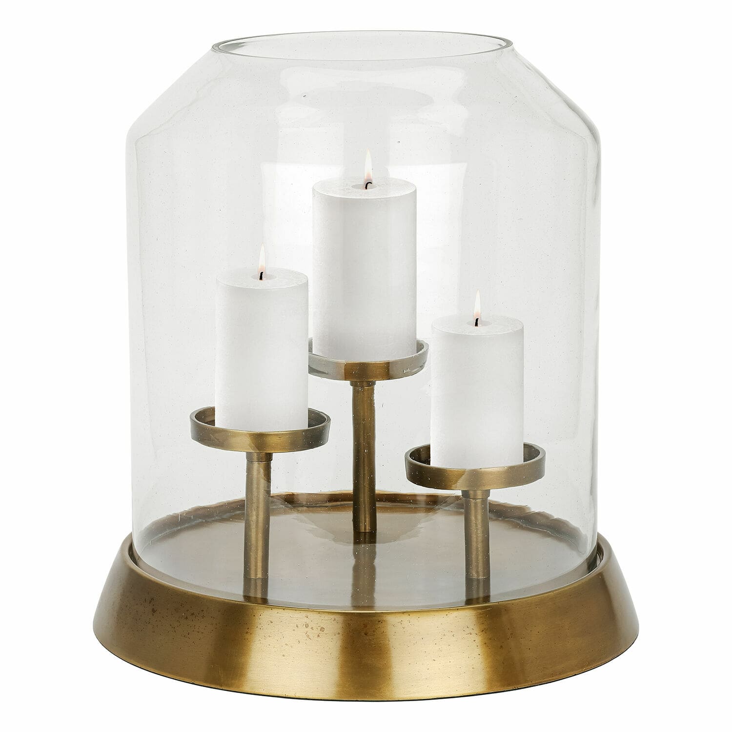 Photophore Vemesto Bougeoir en verre avec base en laiton et trois bougies blanches, décoration intérieure élégante
