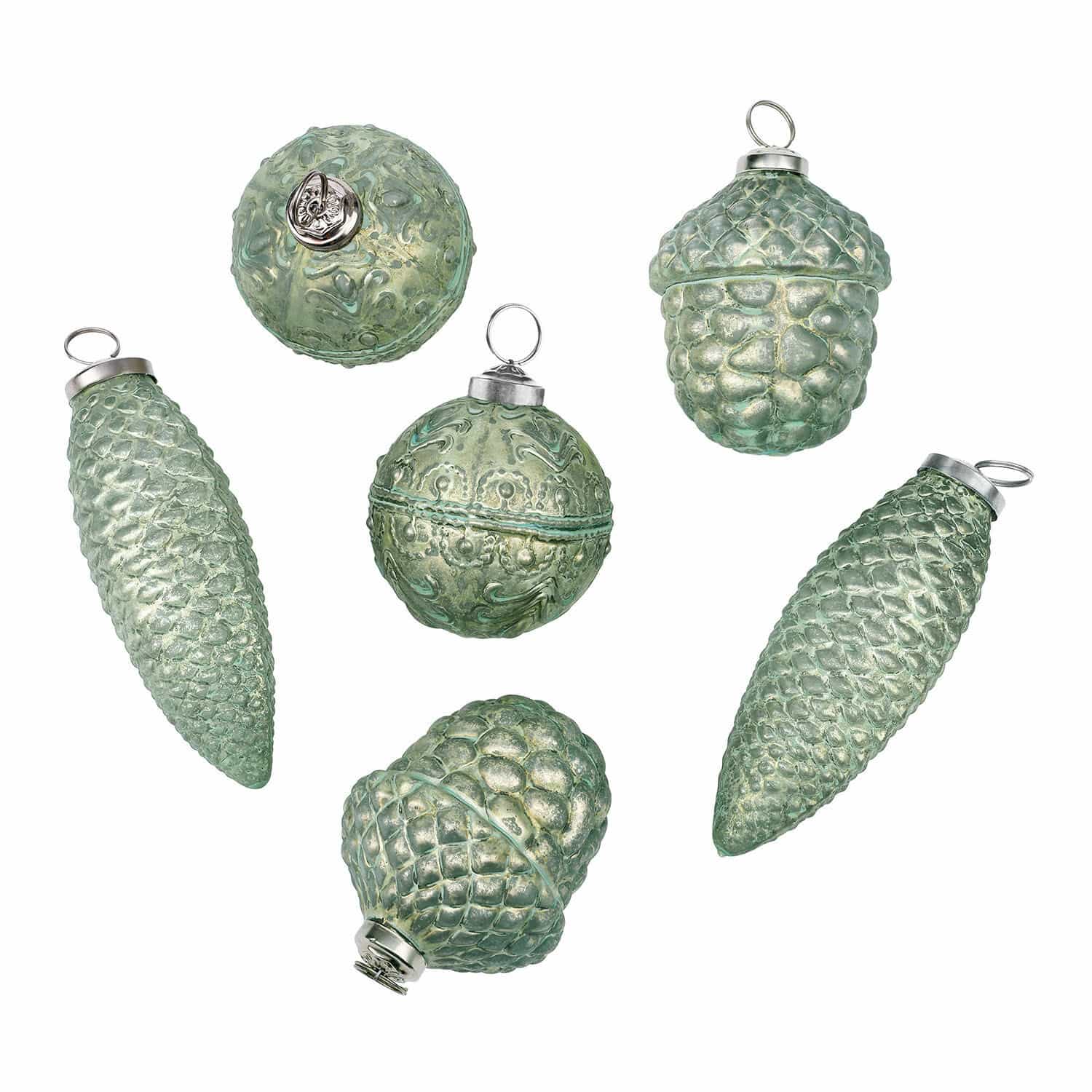 groen/zilverkleurig Set van 6 groene en zilveren kerstversieringen van glas met dennenappelmotief