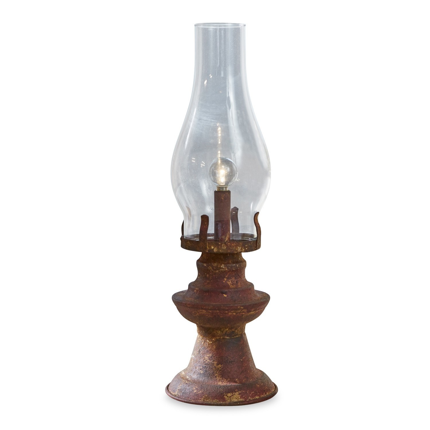 Ledlantaarn Quinn Rustieke olielamp met roestige metalen voet en glazen kap, vintage woondecoratie