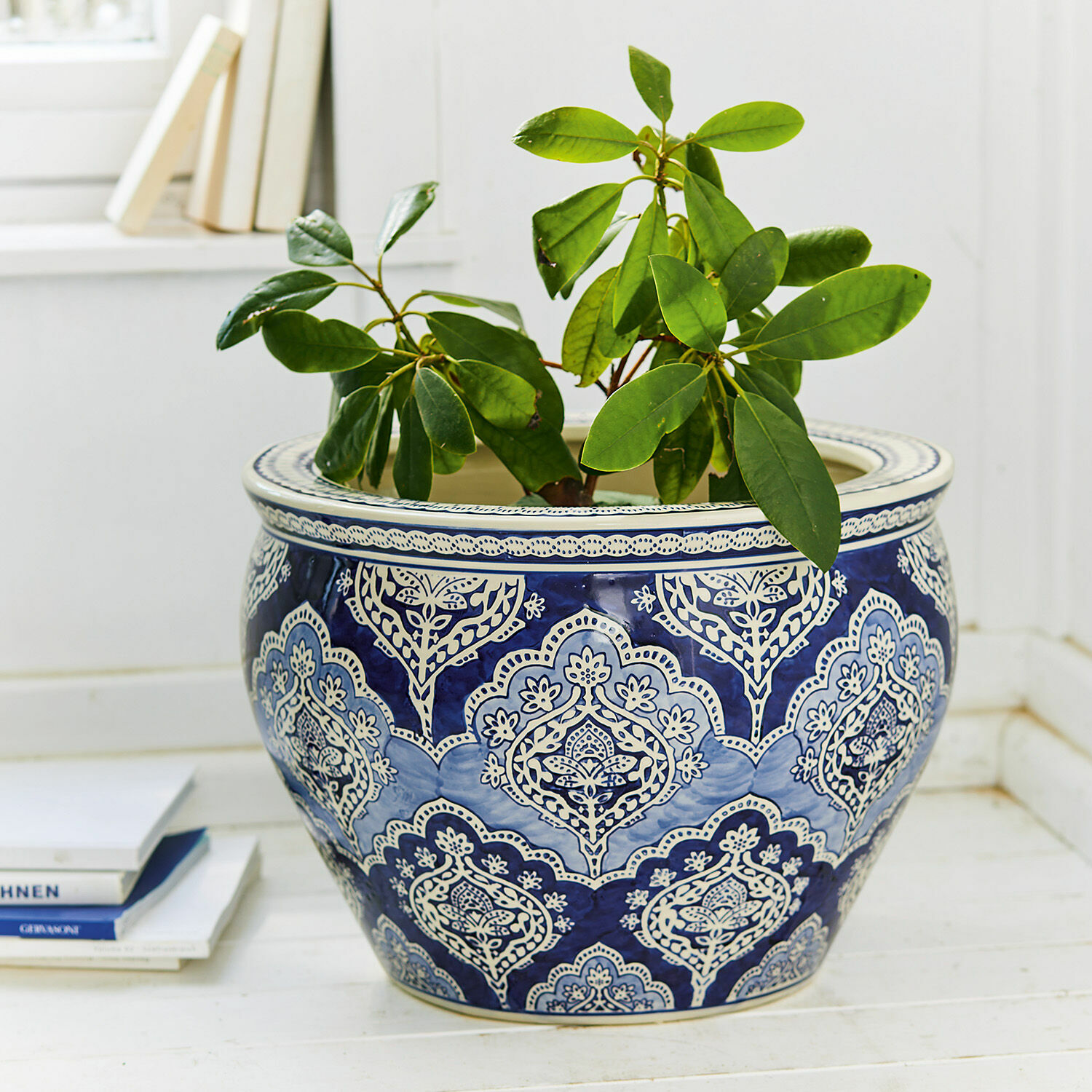 Cache-pot Aurélie Cache-pot en céramique bleu et blanc avec plante verte, décoration intérieure élégante sur sol clair