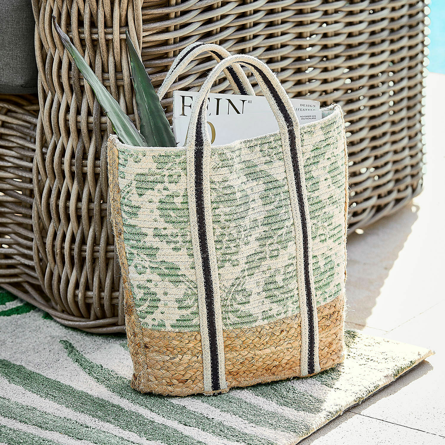 Tas Drancel Tas van jute en katoen in groen-beige met gestreepte hengsels, ideaal voor boodschappen en strand