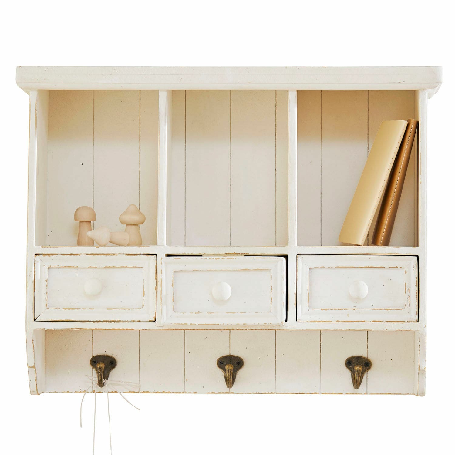 Wandplank Korelis Witte houten wandplank met drie lades en haken voor thuisopslag