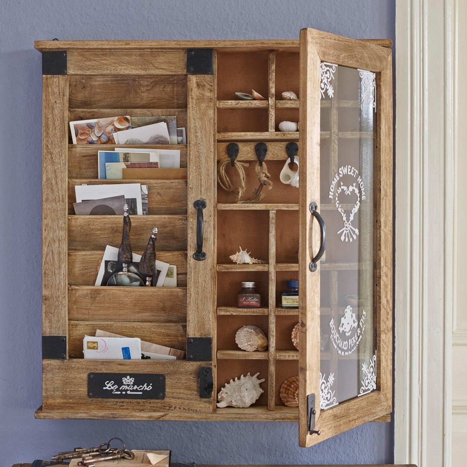 Wandorganizer Shelby Houten wandbrievenbus met glazen deur en vintage decoratie, vakken voor sleutels en post
