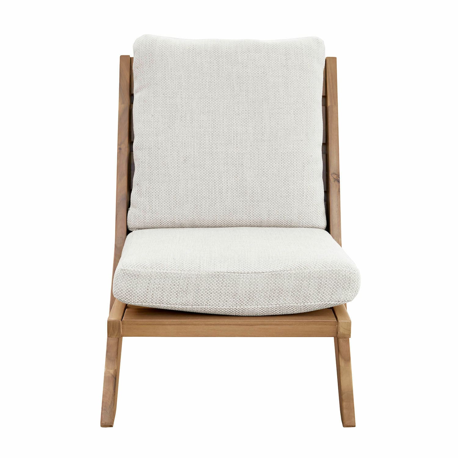 Fauteuil Montivaux en bois brun avec coussins beige, chaise lounge confortable pour salon